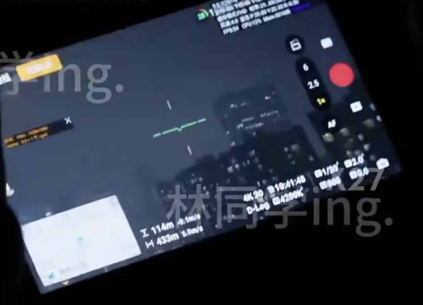 Leaked controller display showing the flight interface with telemetry and zoom icons.