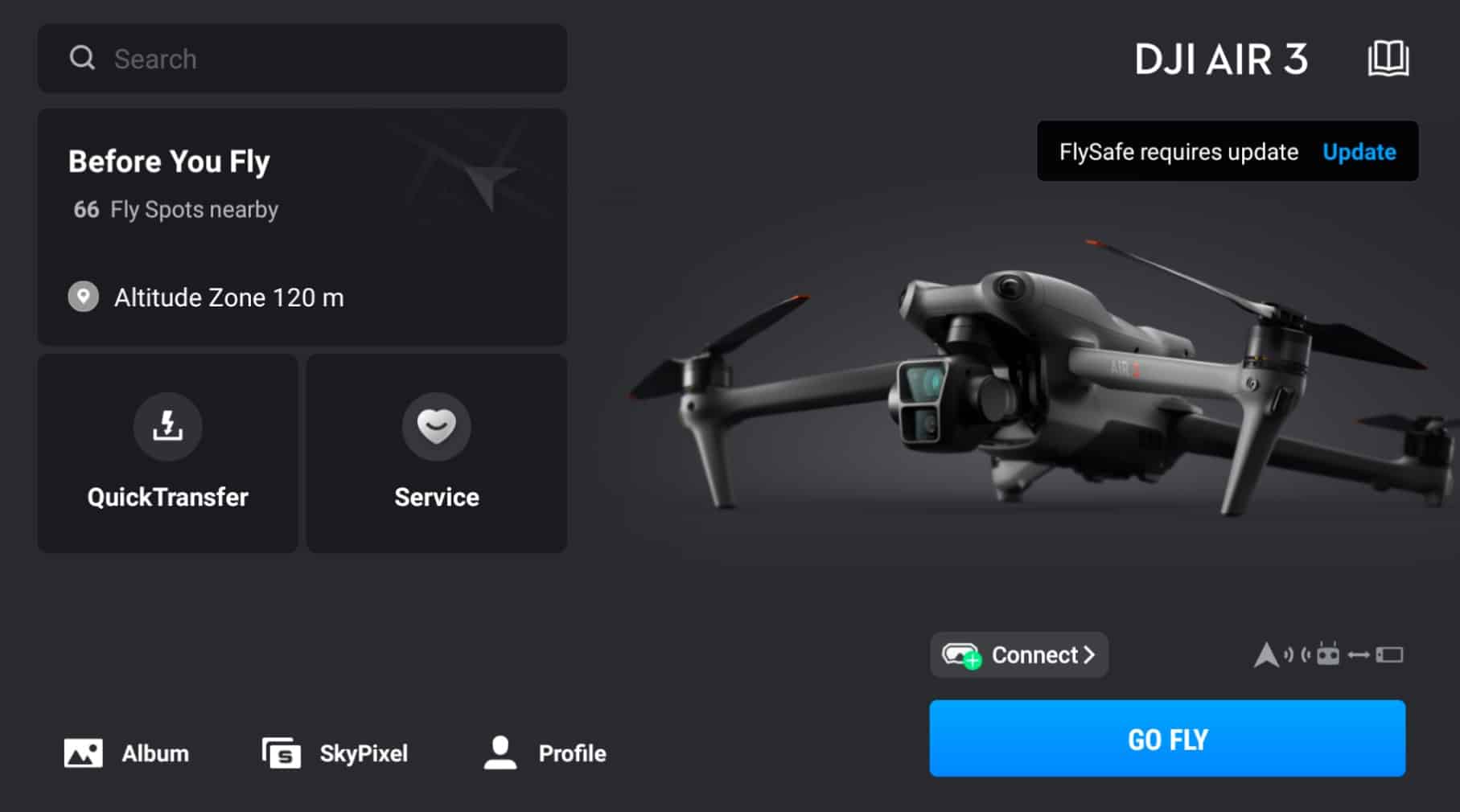Screenshot of the DJI Fly home screen prompting a FlySafe update for an Air 3.