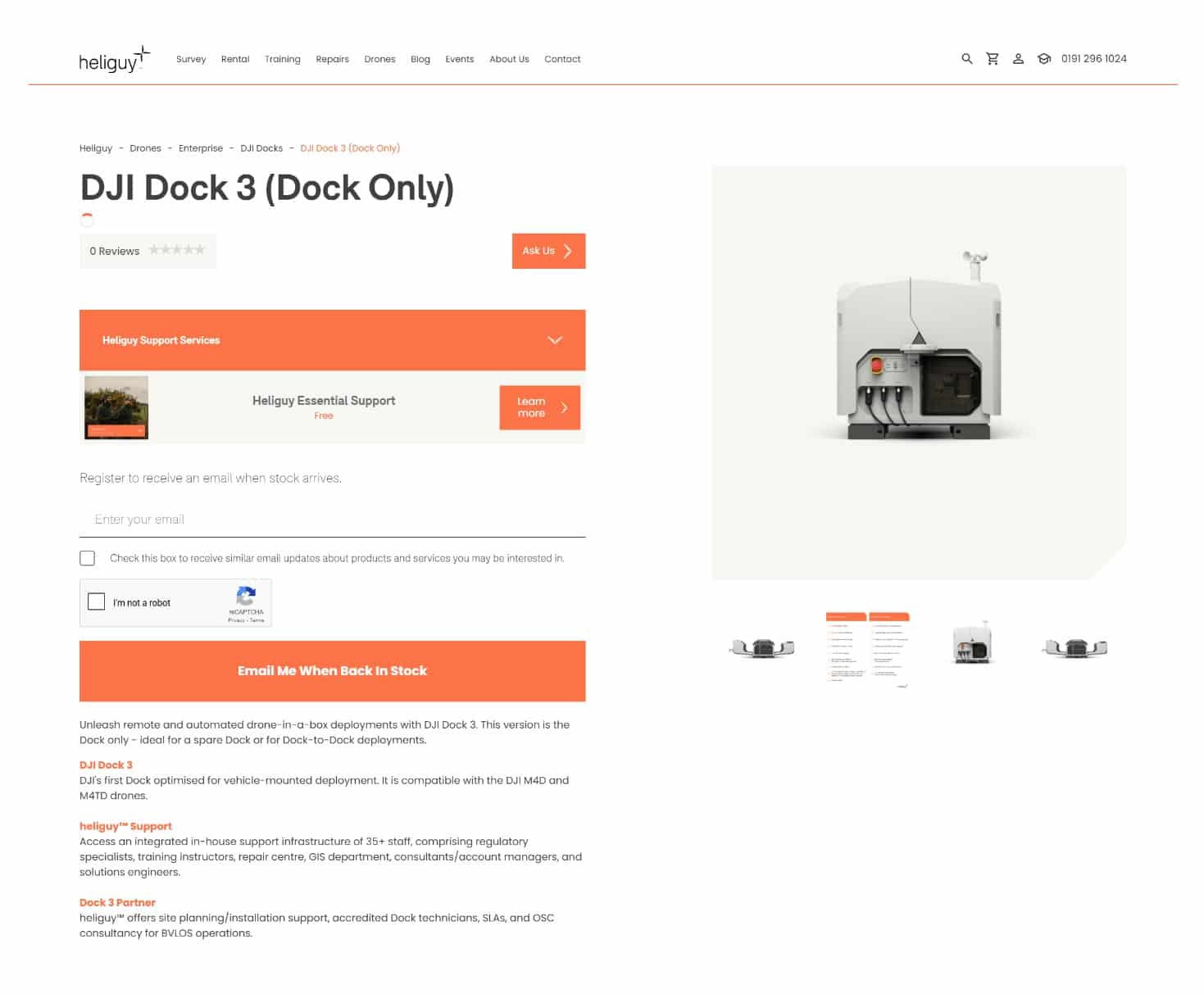 Retailer product page for the DJI Dock 3 with an out-of-stock notification form.