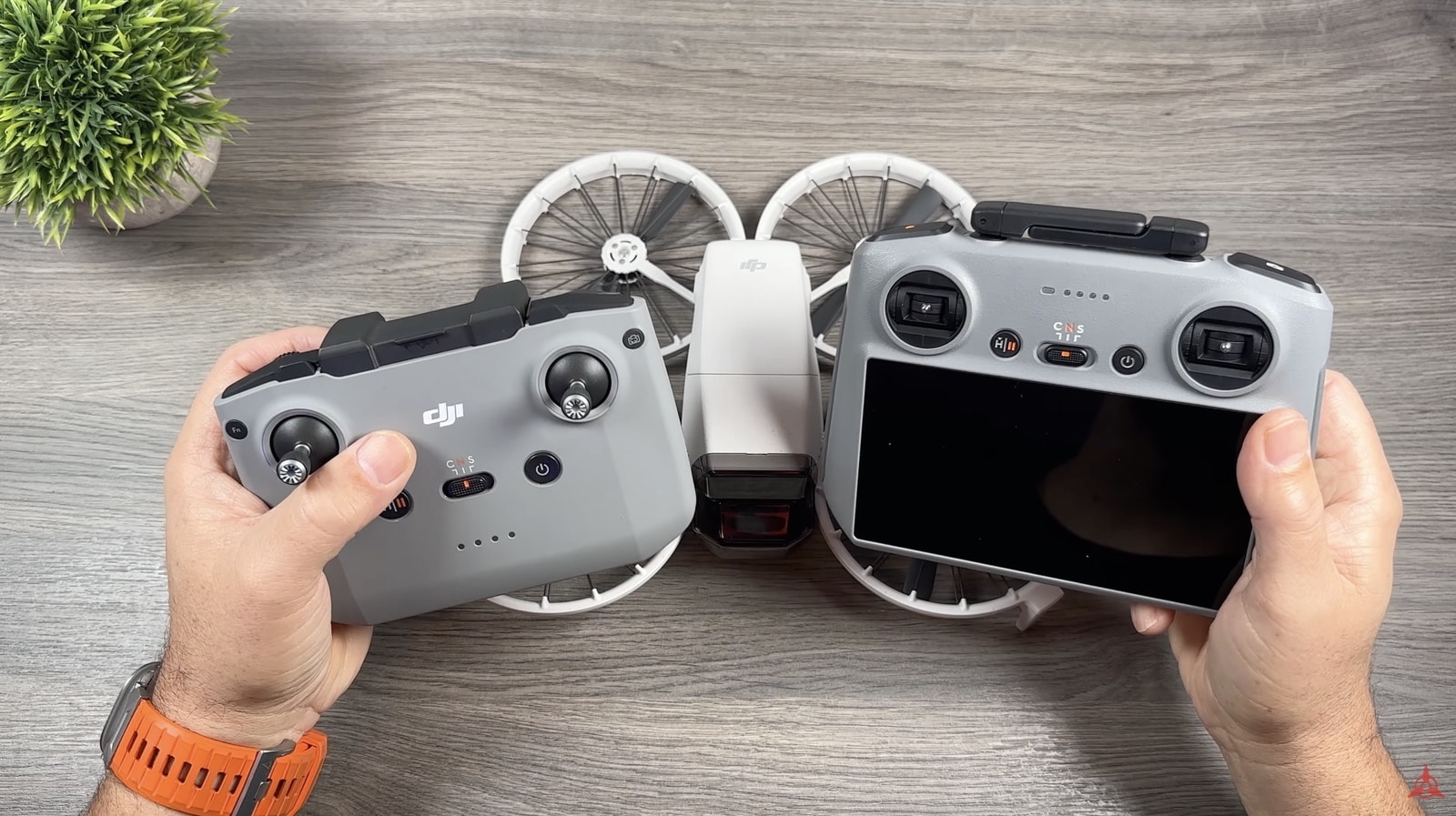 The DJI Flip shown with the RC-N3 controller on the left and the RC 2 screen controller on the right