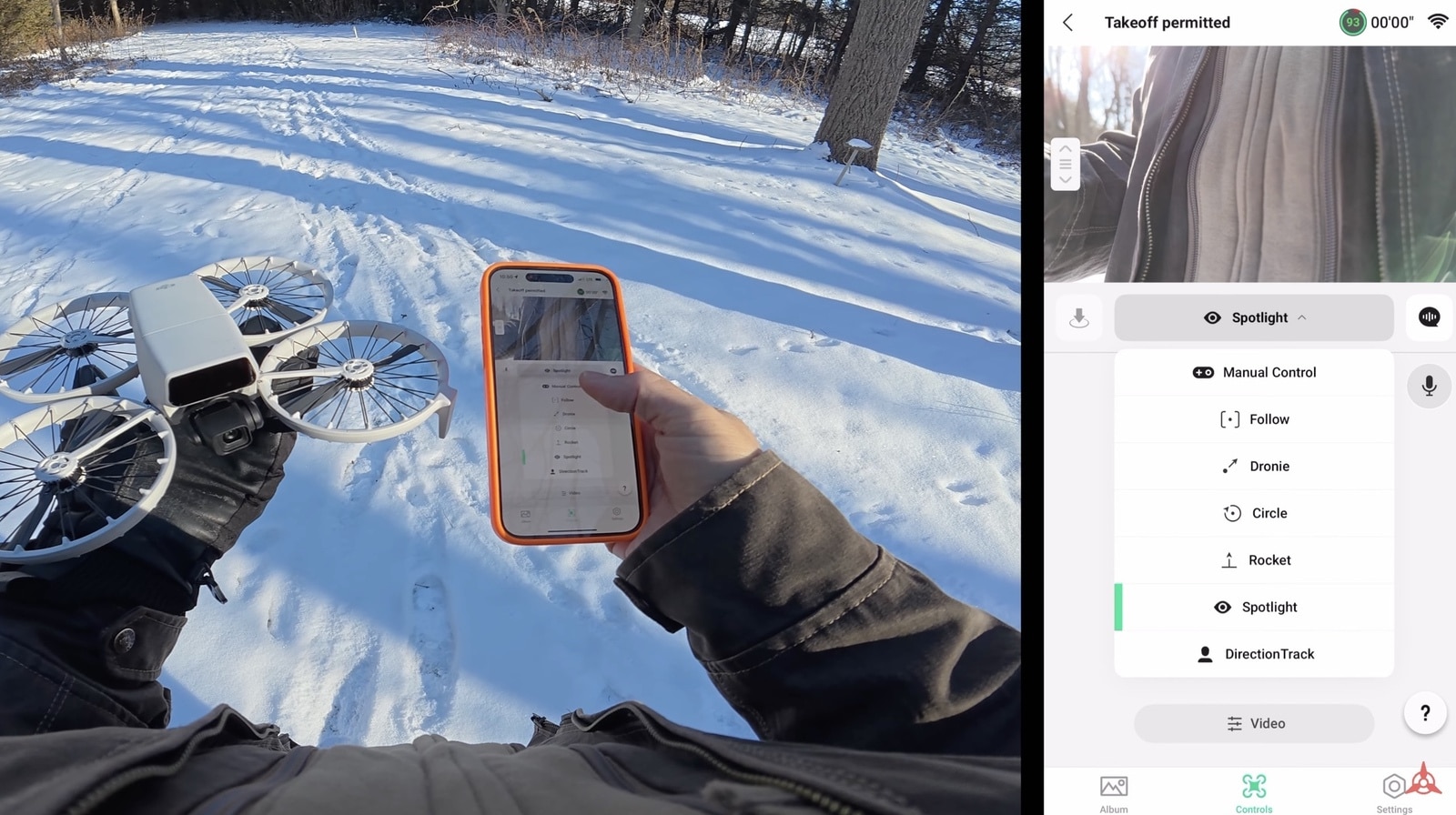 Snowy takeoff scene beside the DJI Fly menu listing Follow, Dronie and Spotlight.