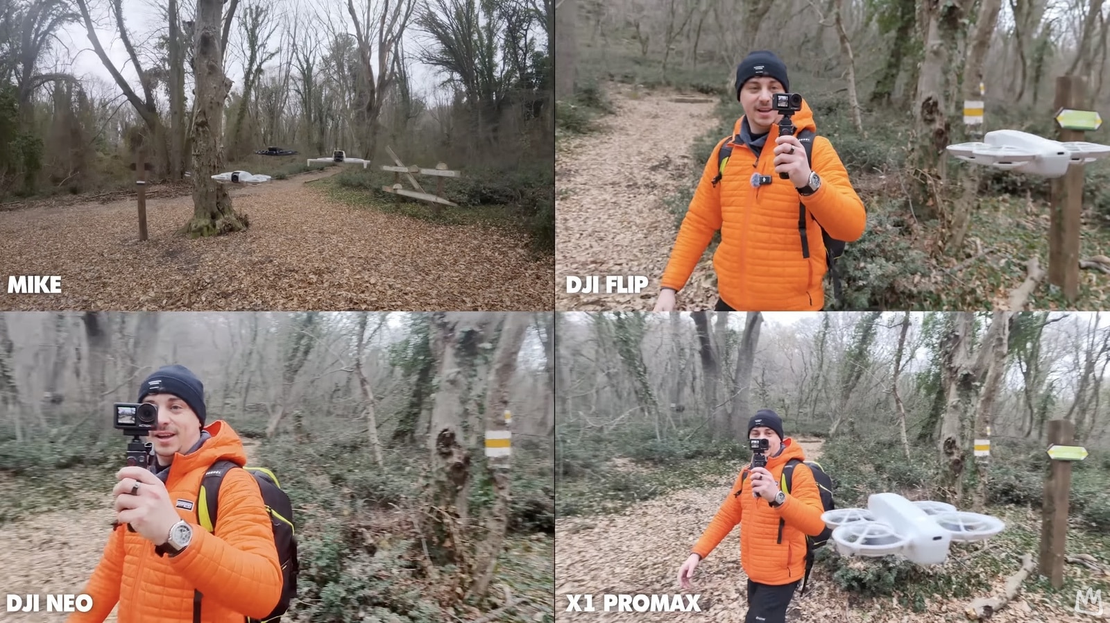 Four-panel tracking test follows a hiker in orange along a woodland trail.