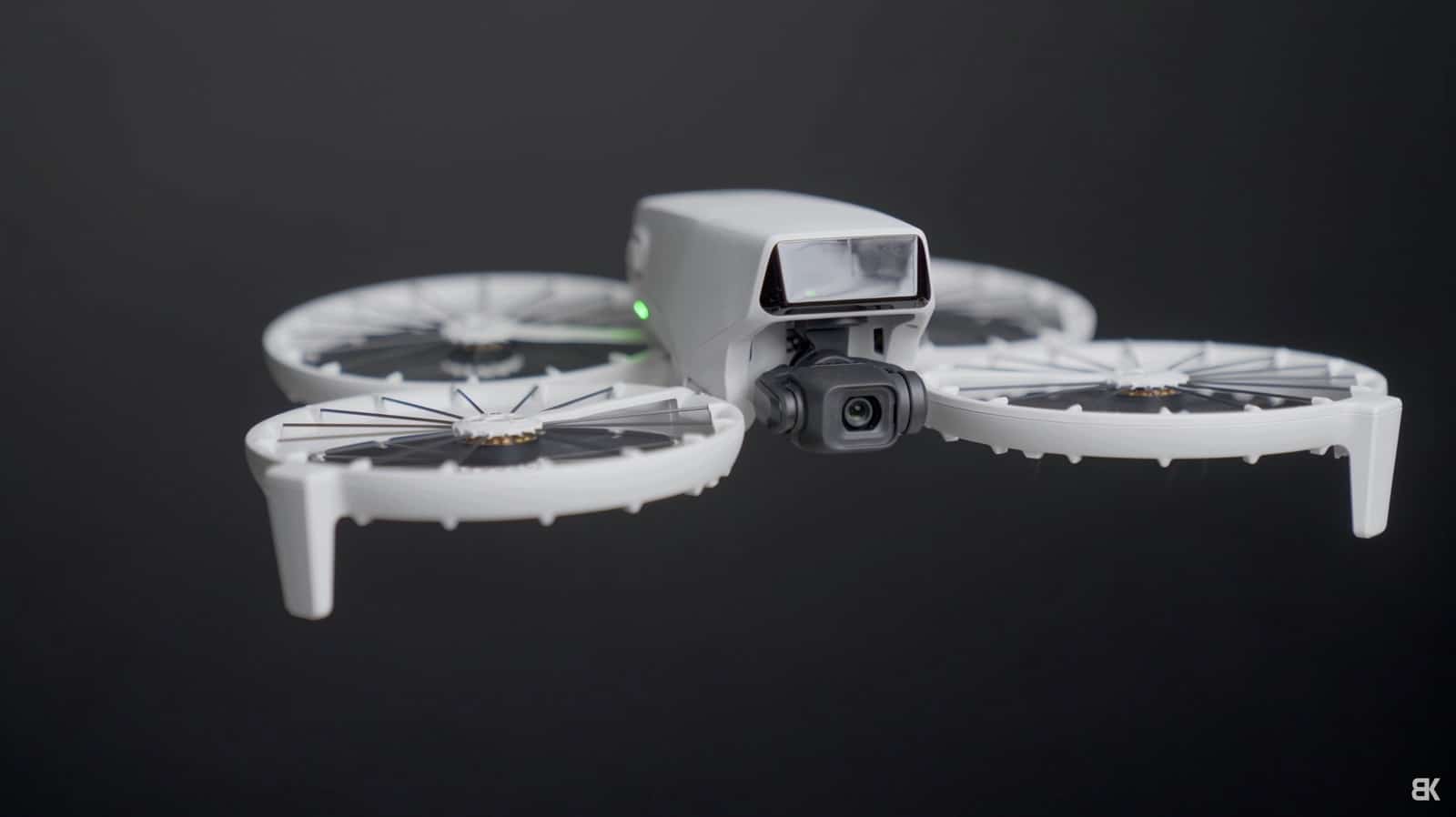 The DJI Flip unfolded and ready to fly with its rotor guards in place.