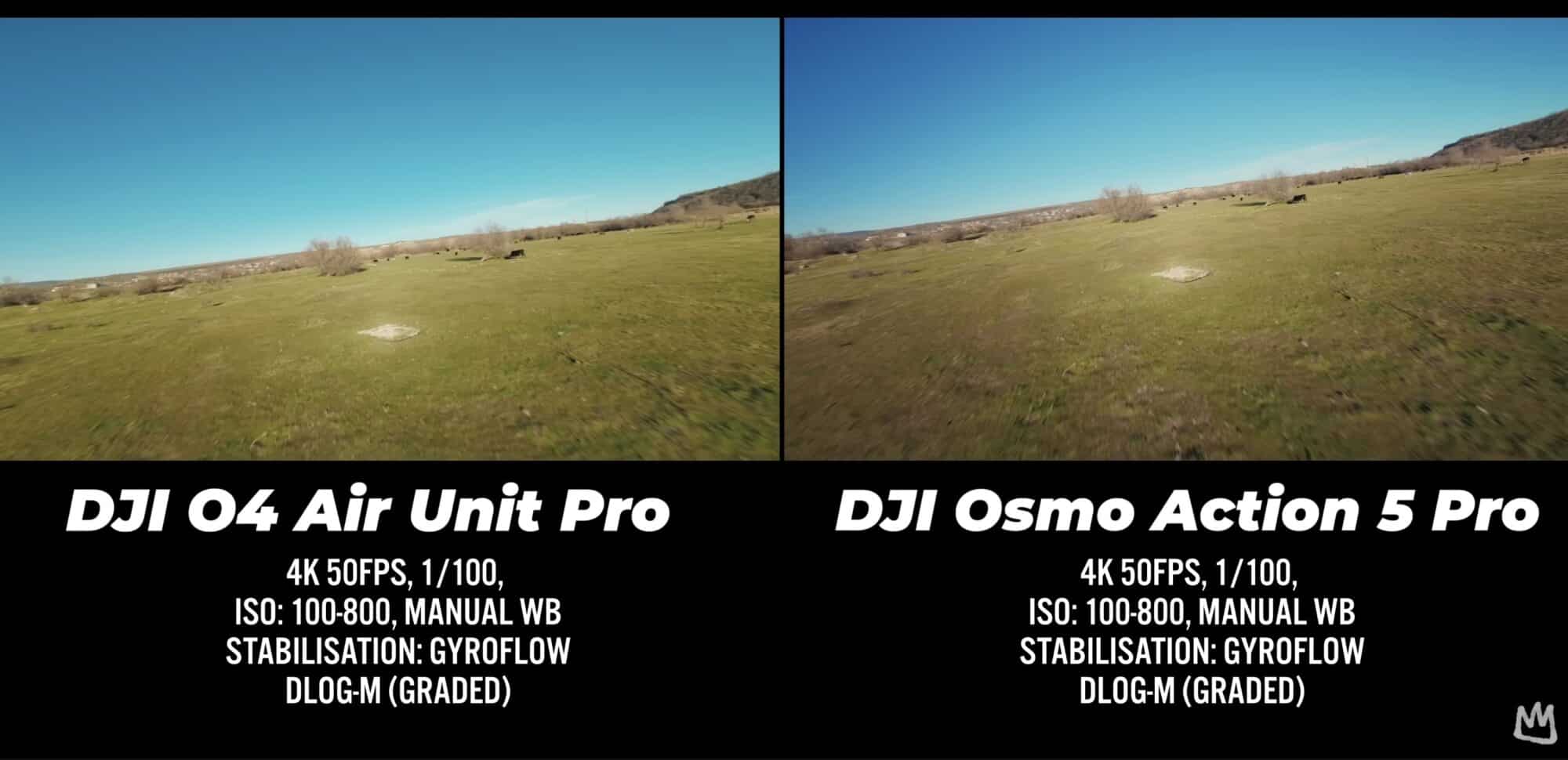 Side-by-side grass field frames labelled O4 Air Unit Pro and Osmo Action 5 Pro.