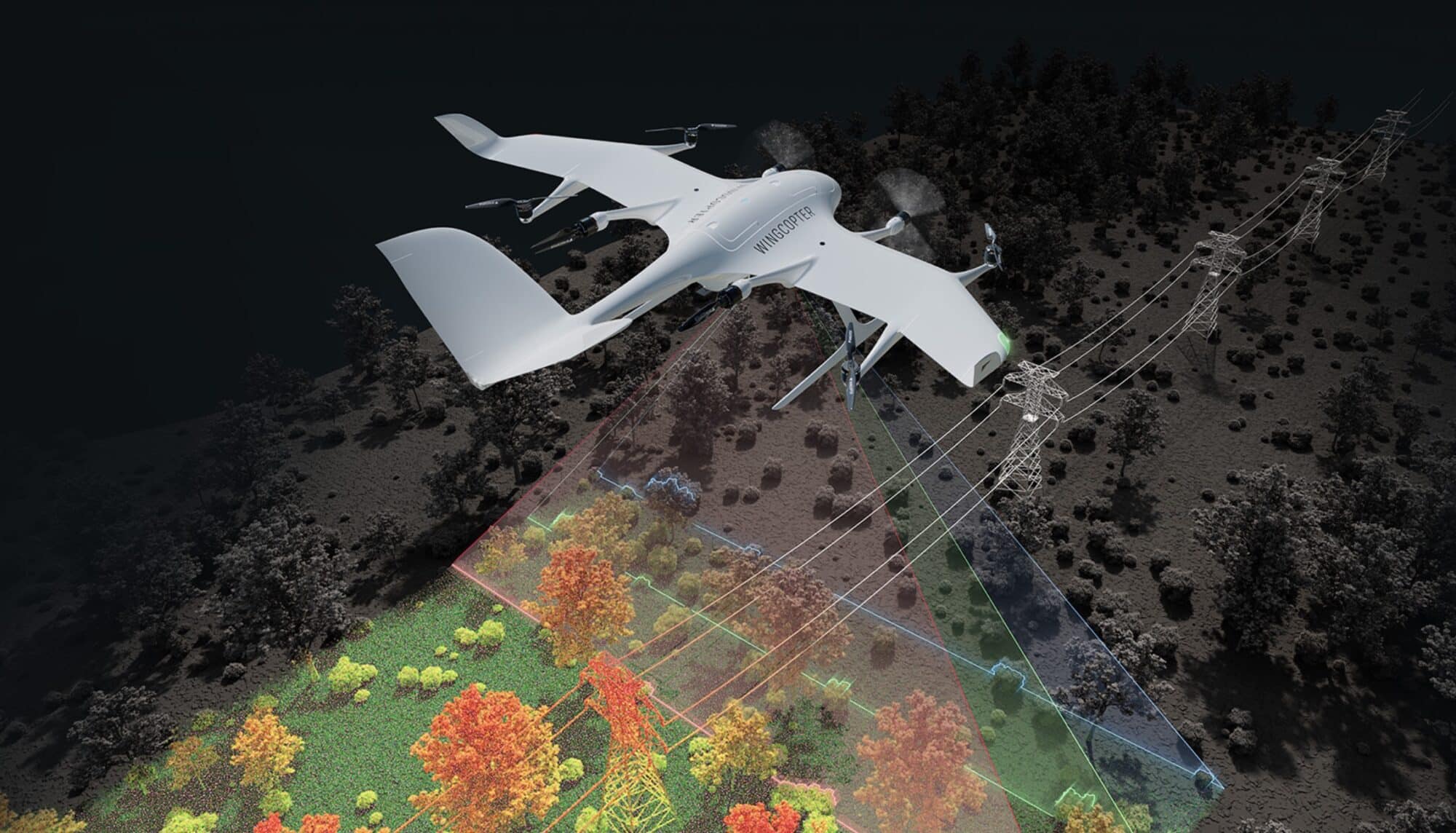 Rendering of a Wingcopter scanning power lines with LiDAR above an autumn forest.