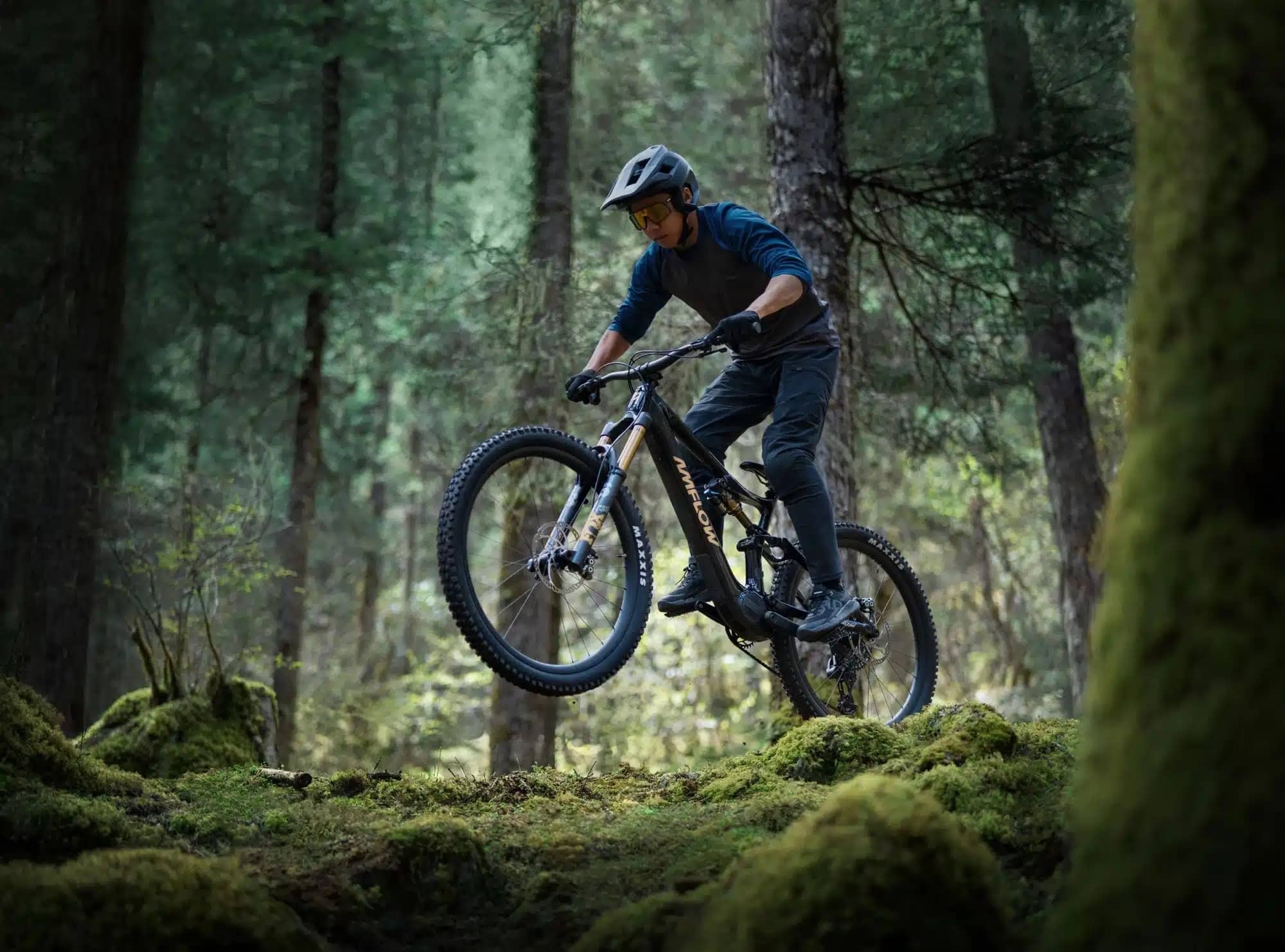 Rider on a full-suspension electric mountain bike among mossy trunks in a forest.