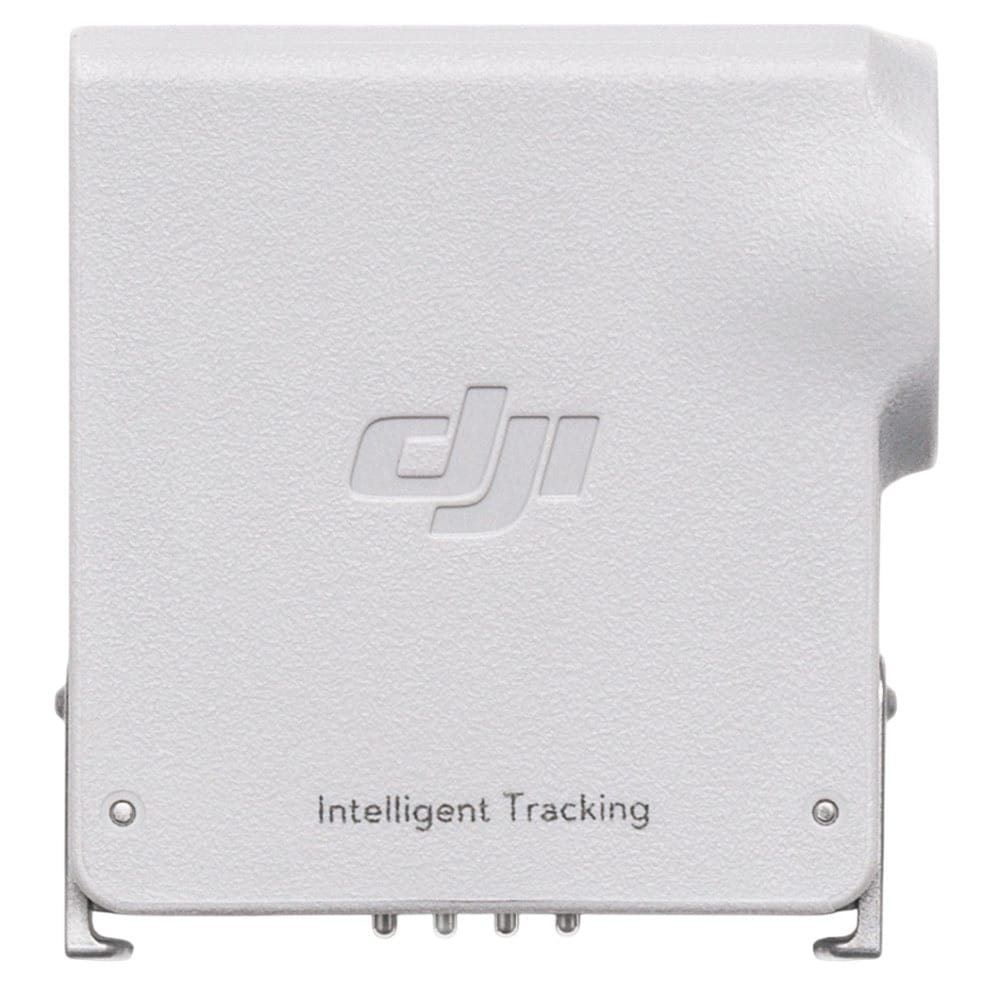 Close-up of the module's white housing showing the DJI logo and tracking label.