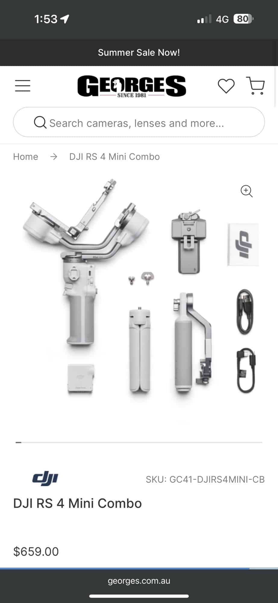 Screenshot of an Australian retailer listing the RS 4 Mini Combo at $659.00.