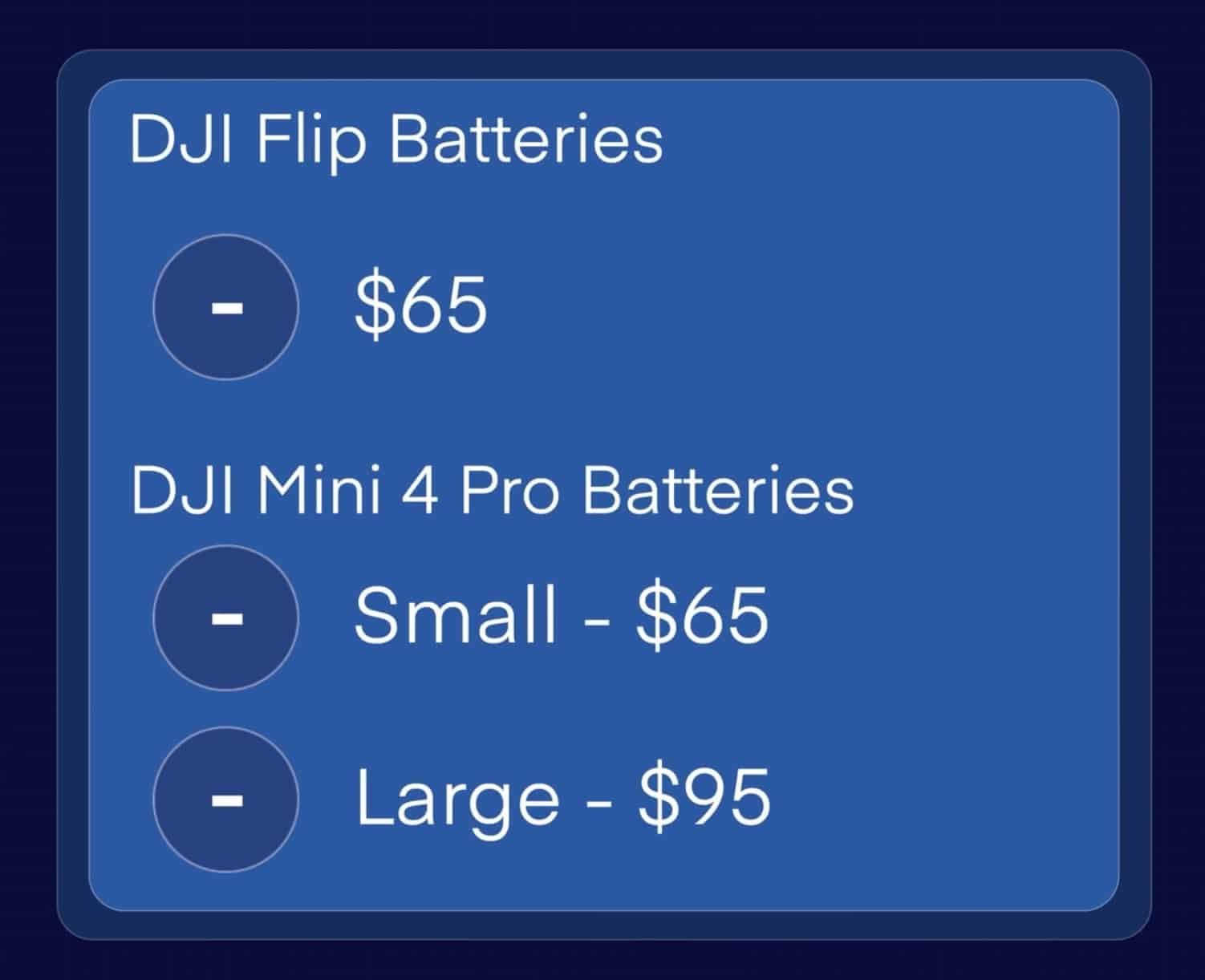 Battery pricing slide comparing Flip packs with small and large Mini 4 Pro packs.