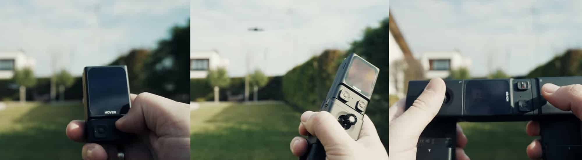 Three-panel sequence of a hand working the beacon in a garden as the drone flies.