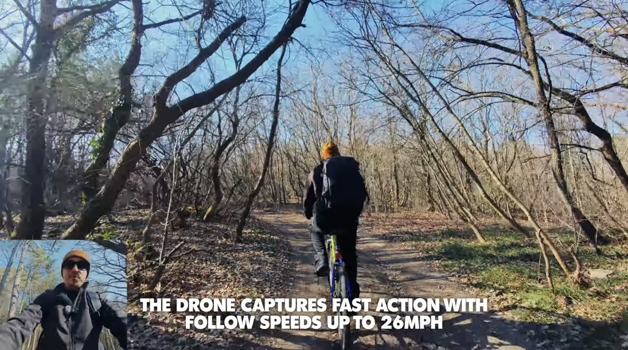 A cyclist rides a bare winter trail under a caption citing 26 mph follow speeds.