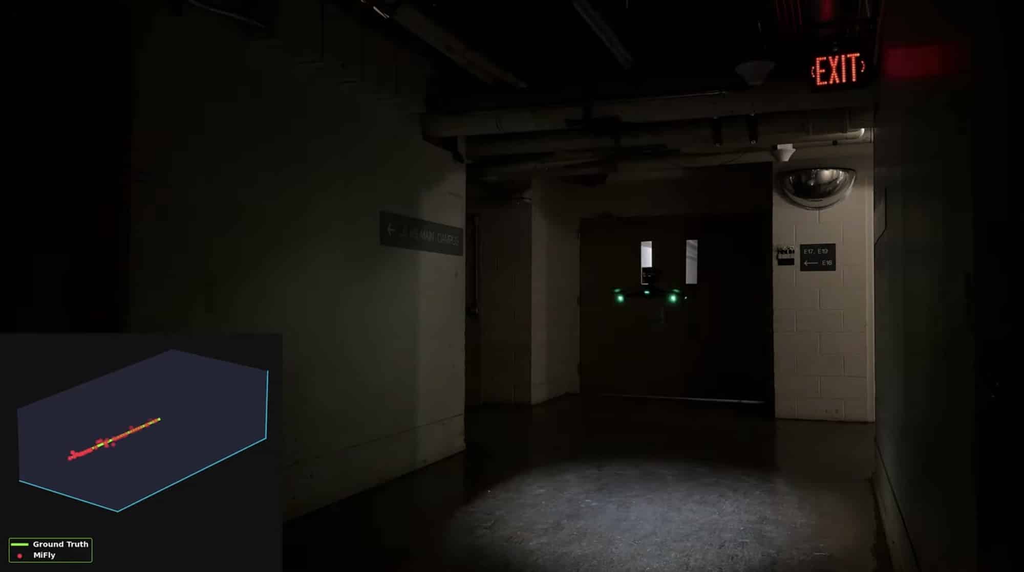 Dark corridor beside an inset three-dimensional plot of the tracked flight path.