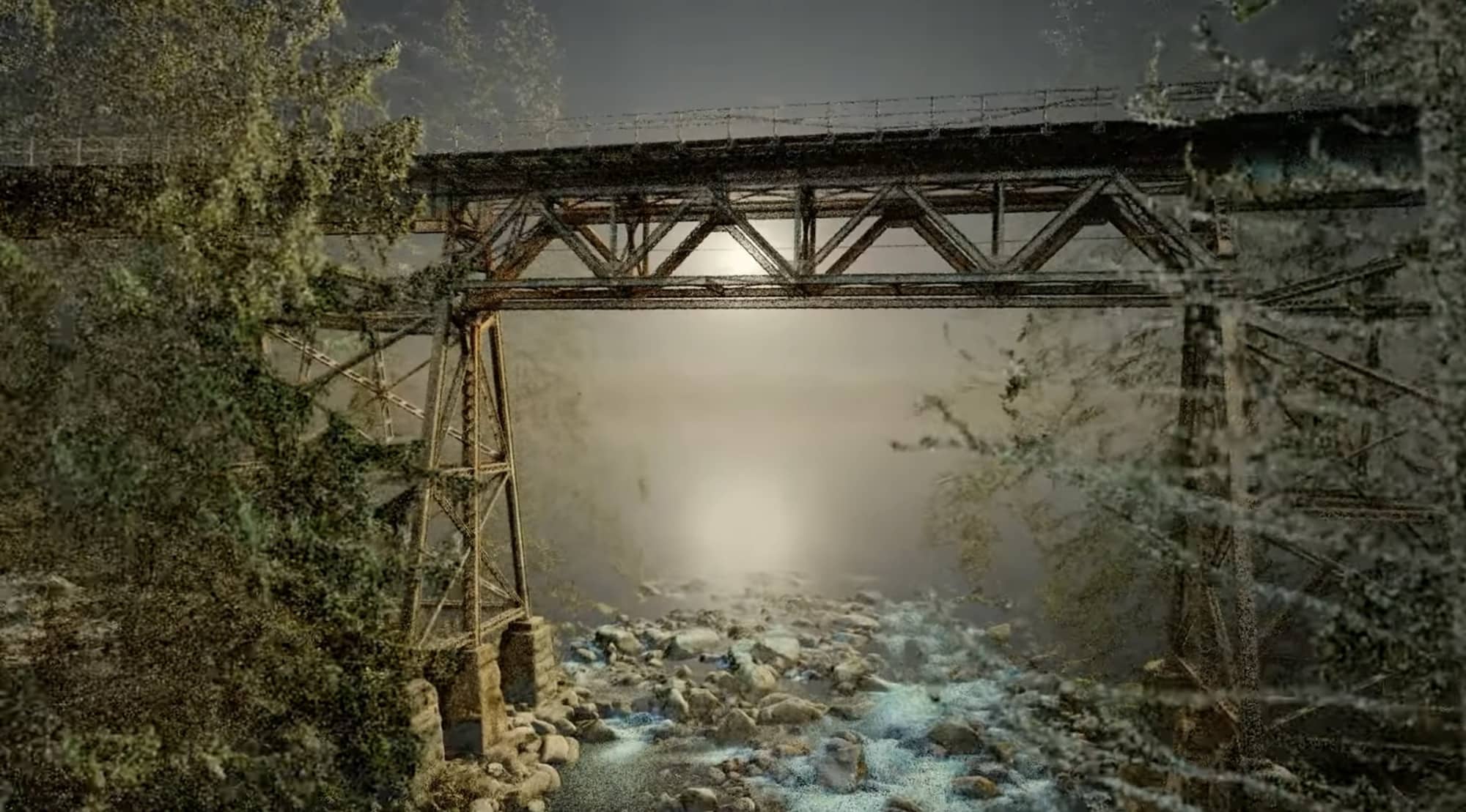 Lidar point cloud rendering of a timber trestle spanning a boulder-strewn stream.