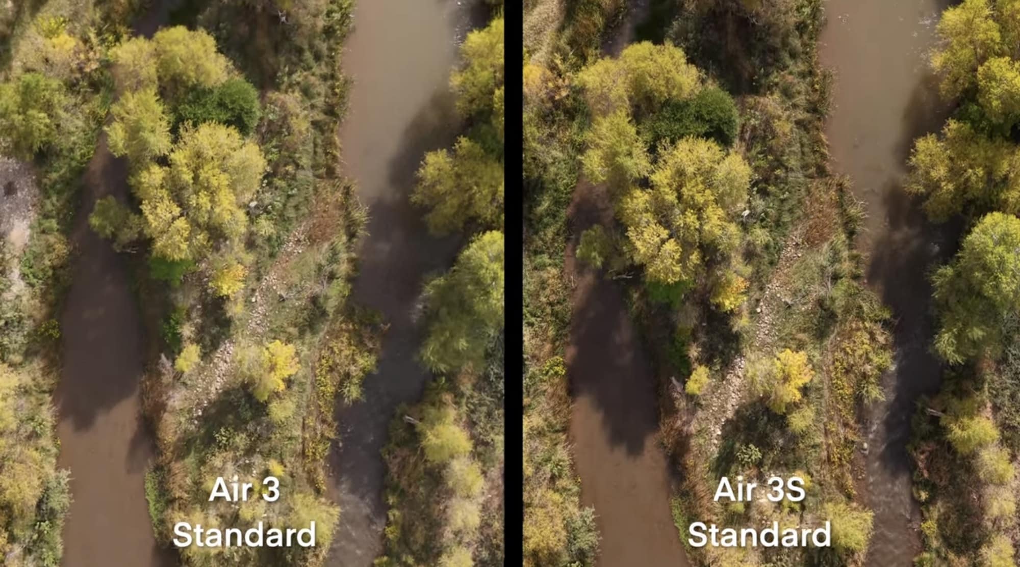 Side-by-side aerial of a muddy river labelled Air 3 and Air 3S standard.