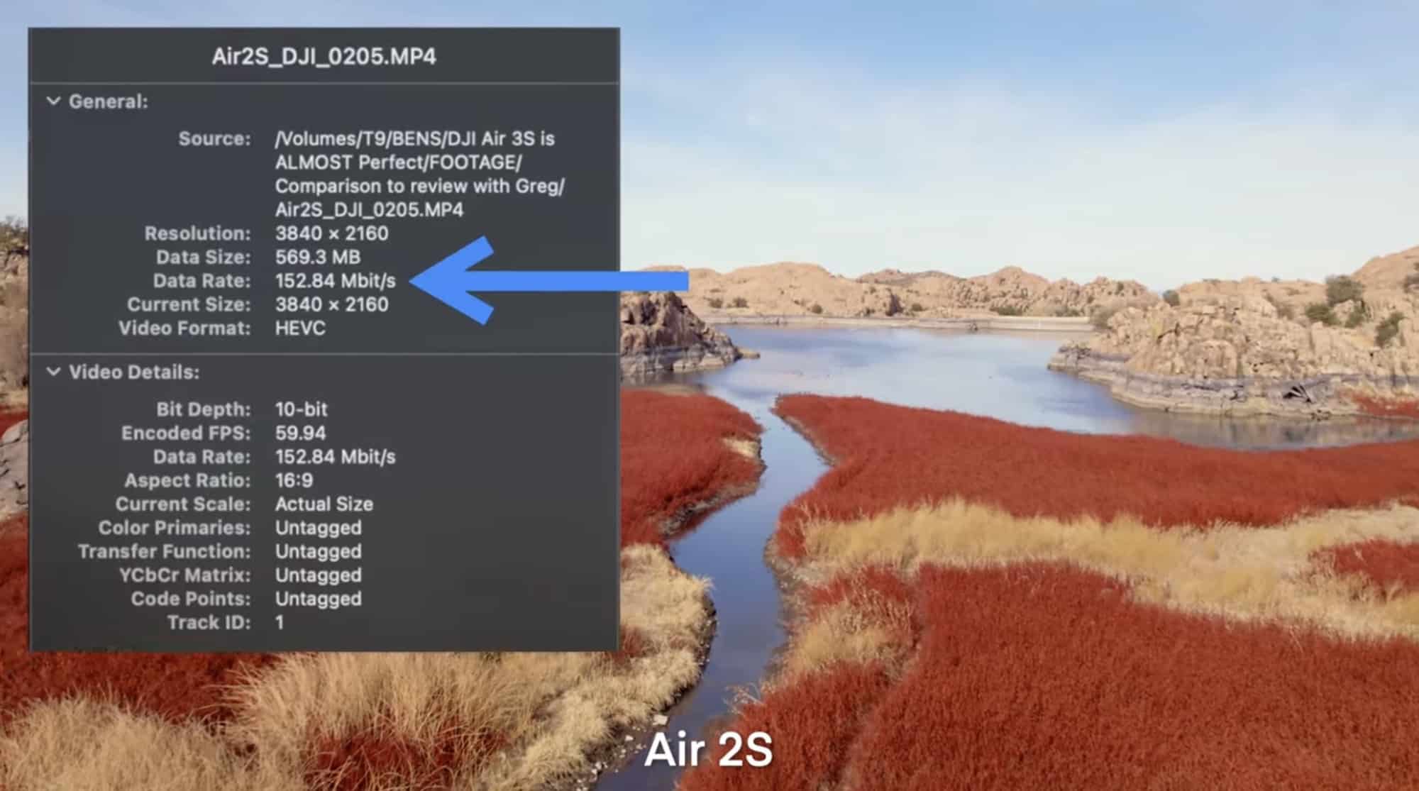 File info panel reading 152.84 Mbit/s for the older Air 2S clip.