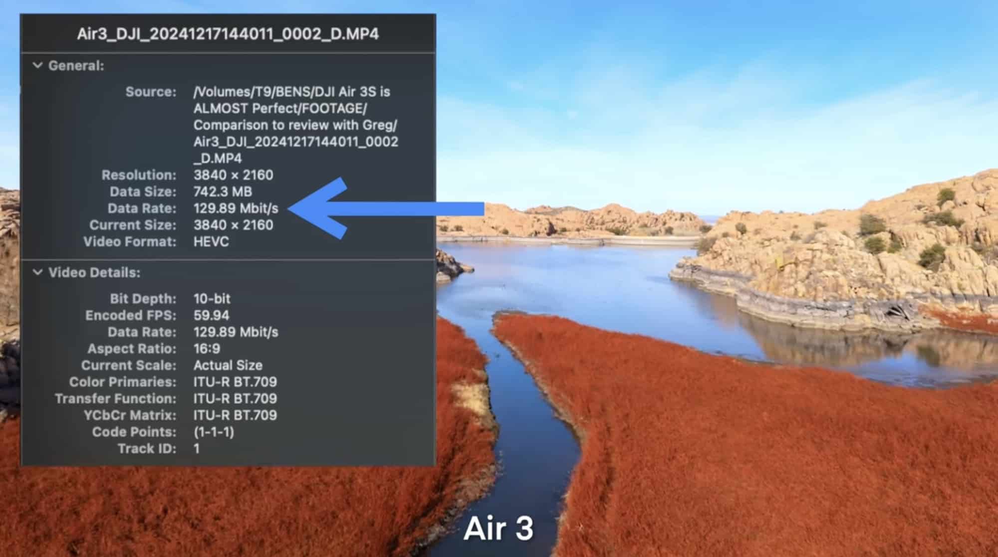 File info panel reading 129.89 Mbit/s over the matching Air 3 clip.