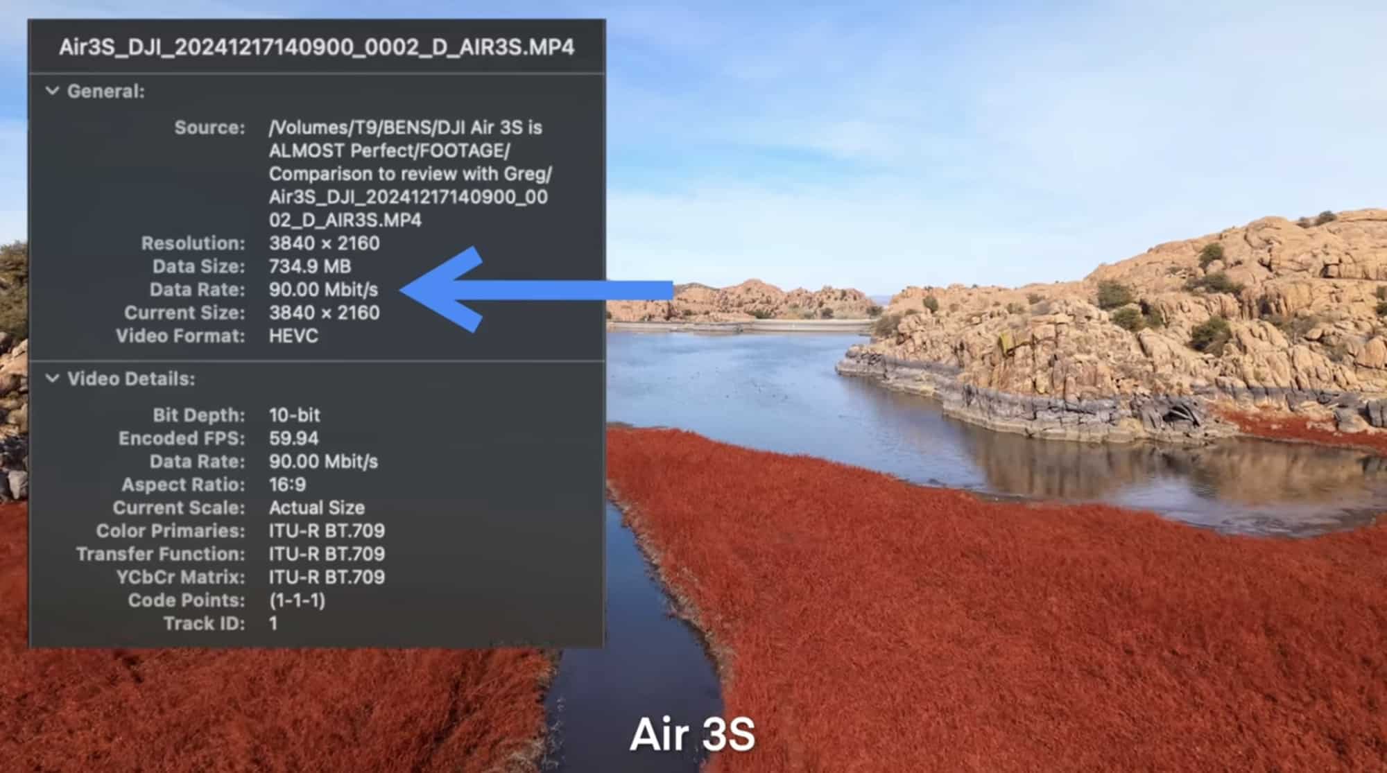 File info panel reading 90.00 Mbit/s over an Air 3S lake clip.