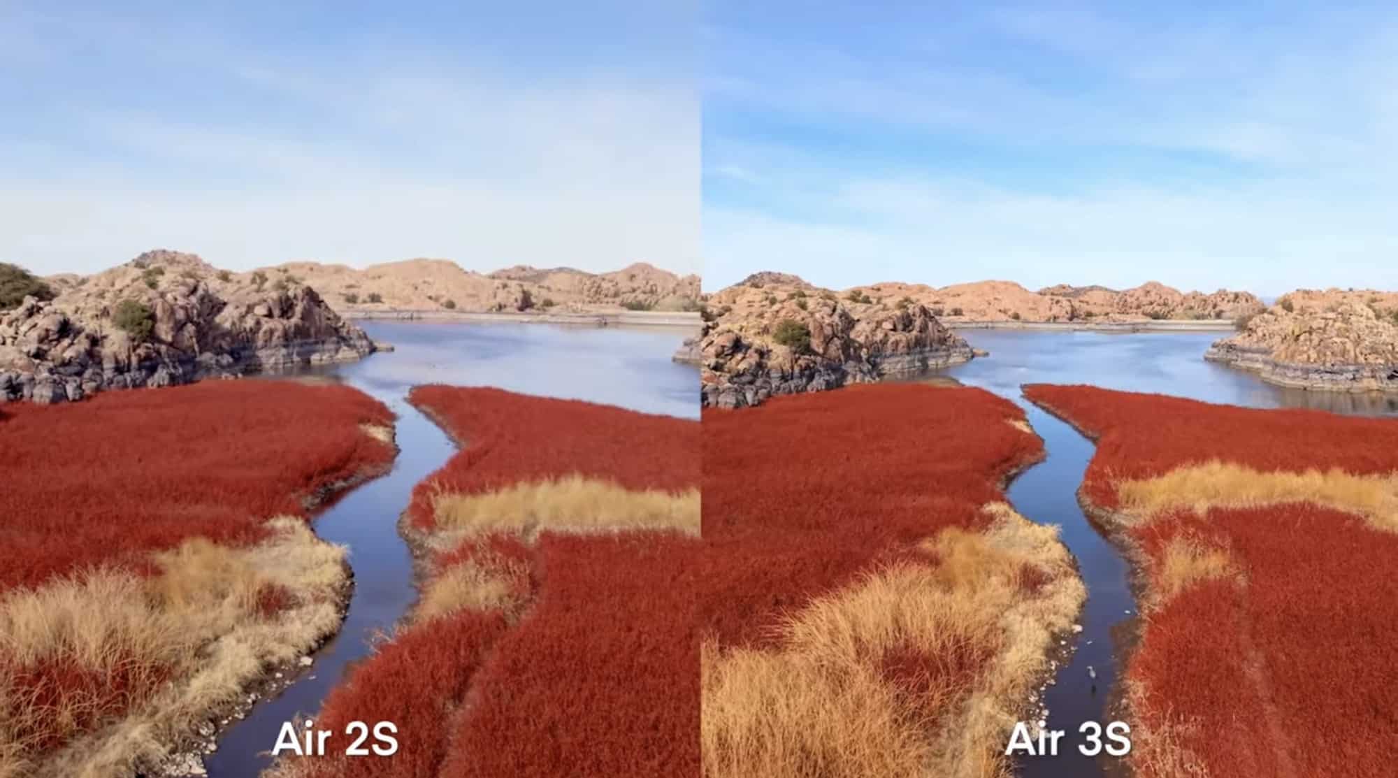 Split frame comparing Air 2S and Air 3S renderings of a red shoreline.