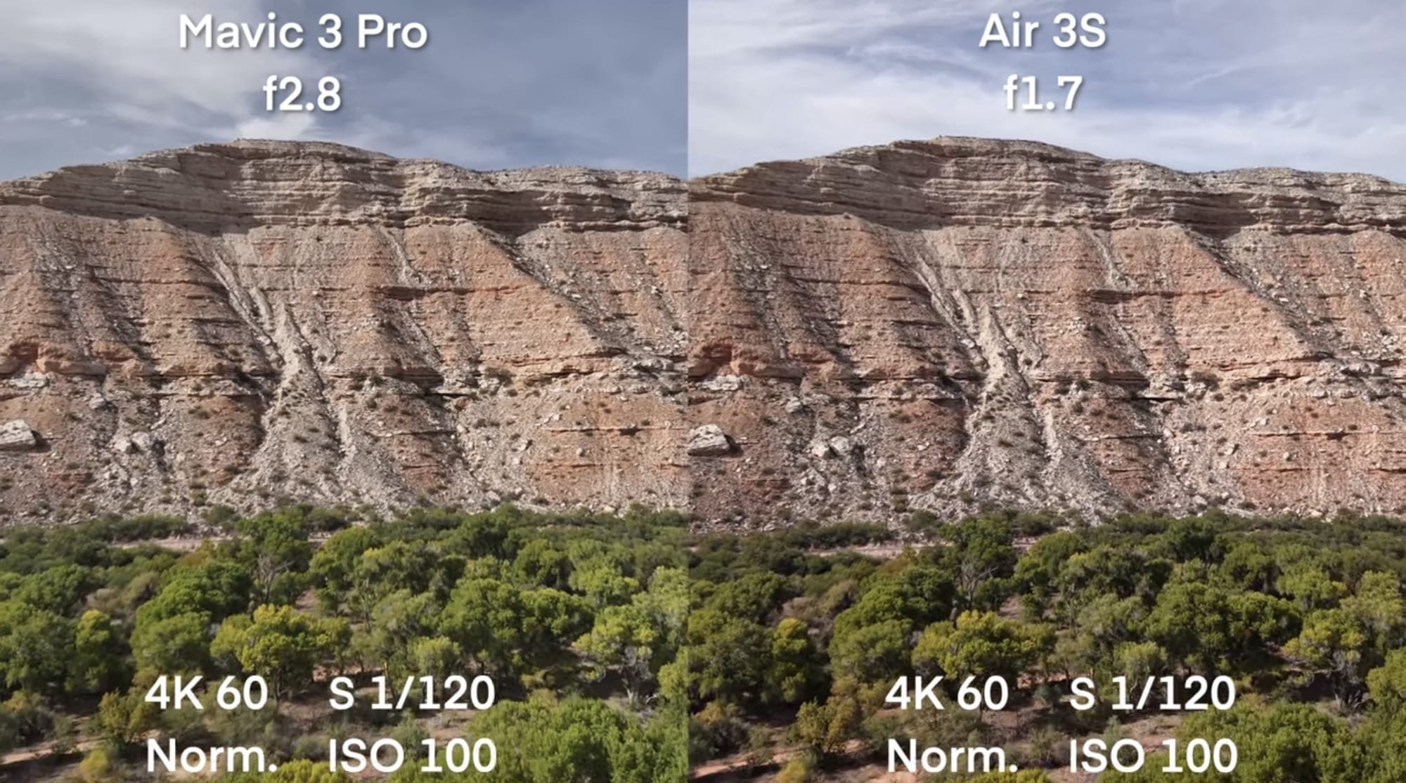 Cliff face compared at 1/120 shutter between Mavic 3 Pro and Air 3S.