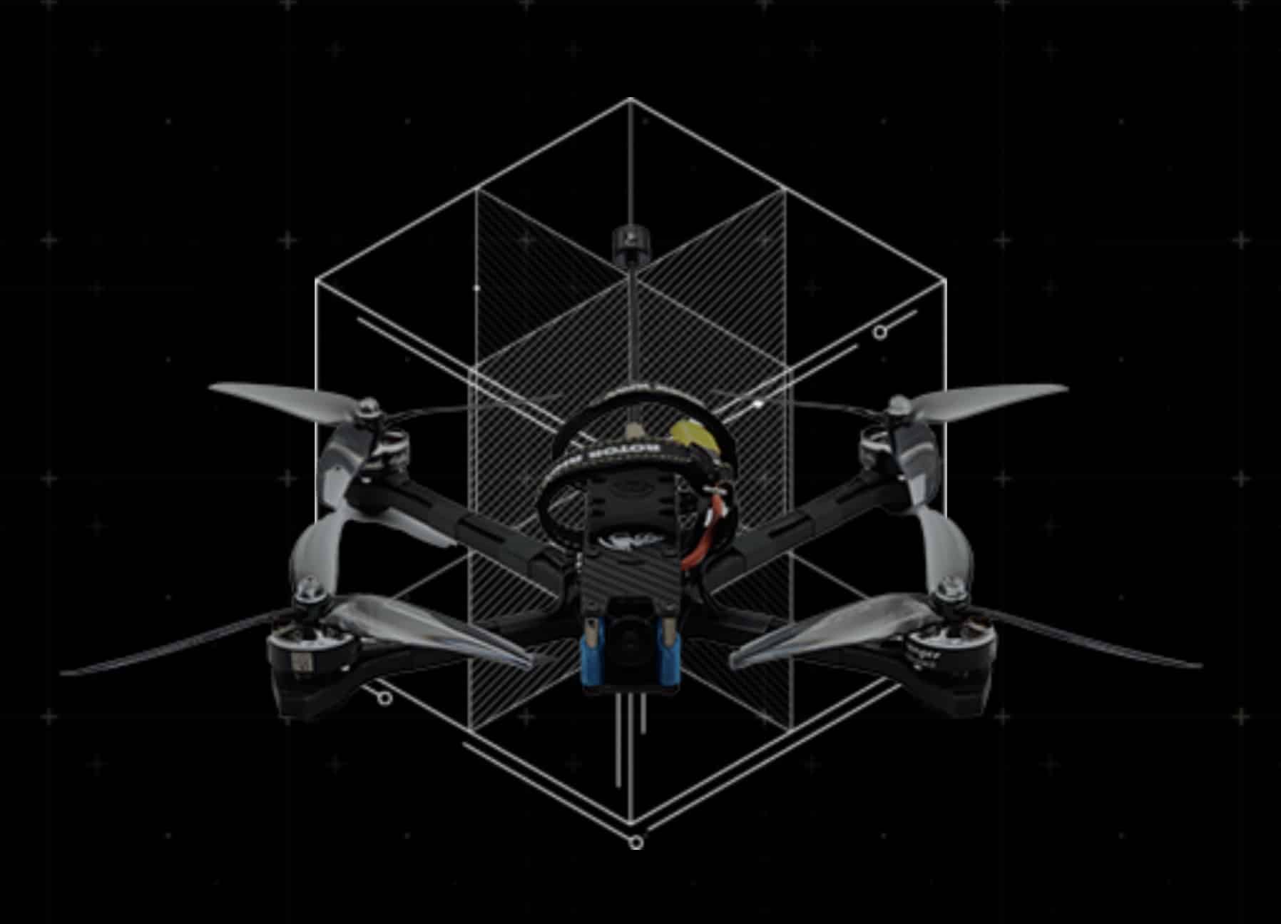 FPV racing quadcopter rendered inside a wireframe cube on black.