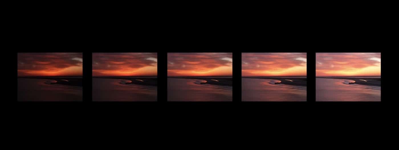 Five bracketed exposures of the same sunset seascape lined up on black.