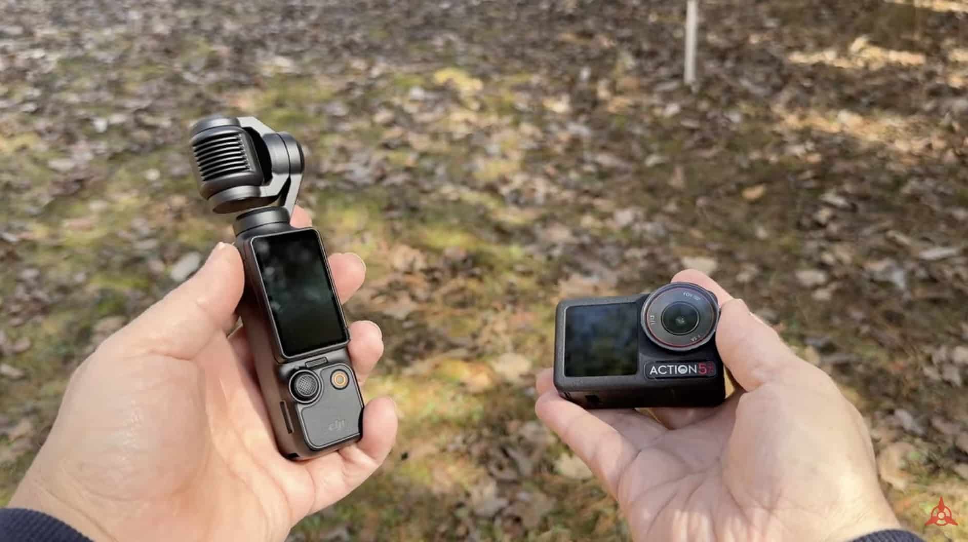 The DJI Pocket 3 on an extension pole, where its gimbal cannot tilt back far enough to frame a face.