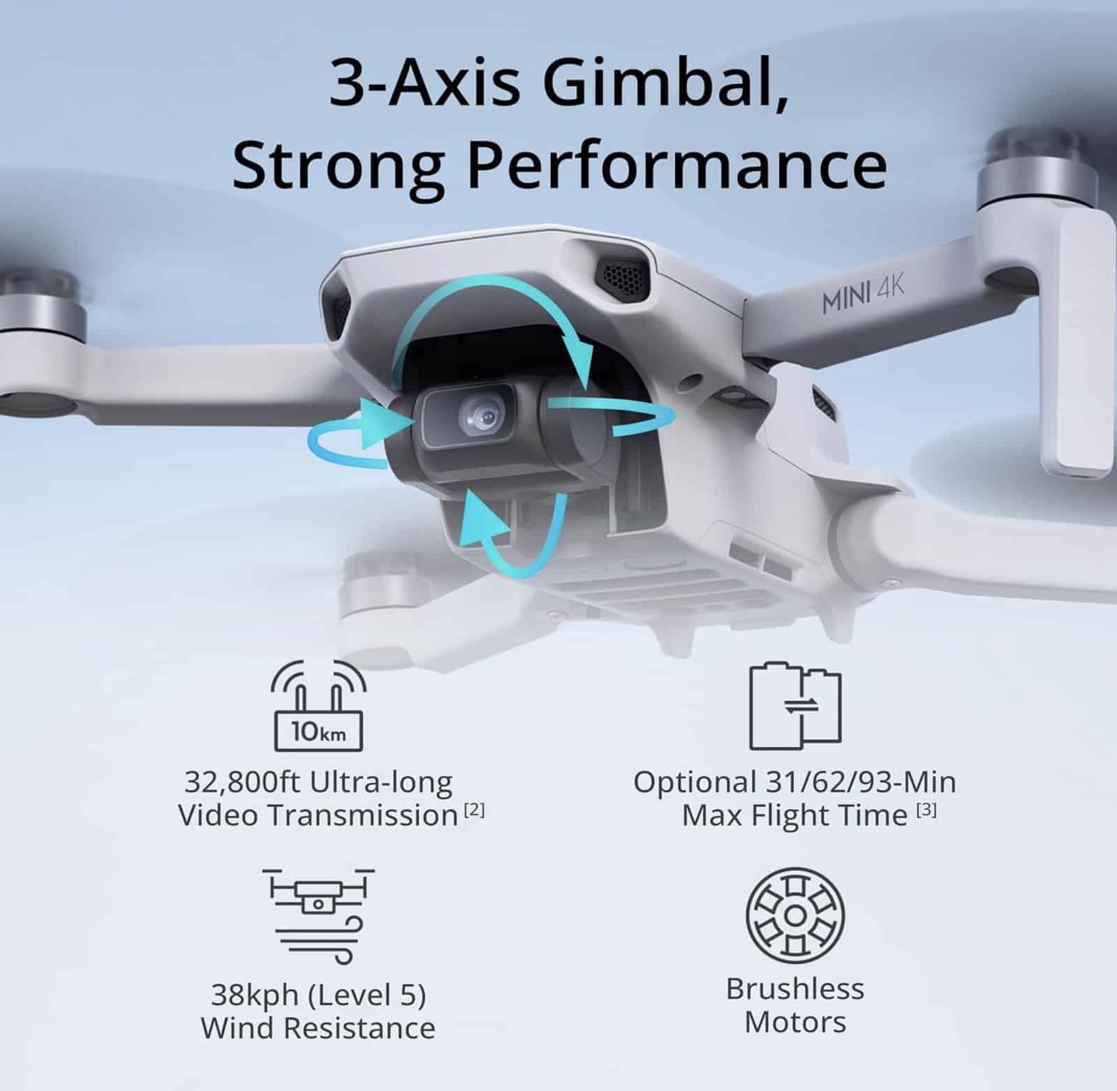 DJI graphic highlighting the Mini 4K three-axis gimbal and flight specifications.
