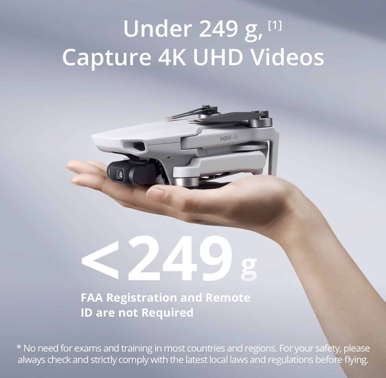 The DJI Mini 4K resting on an open palm in DJI's under-249-gram graphic.