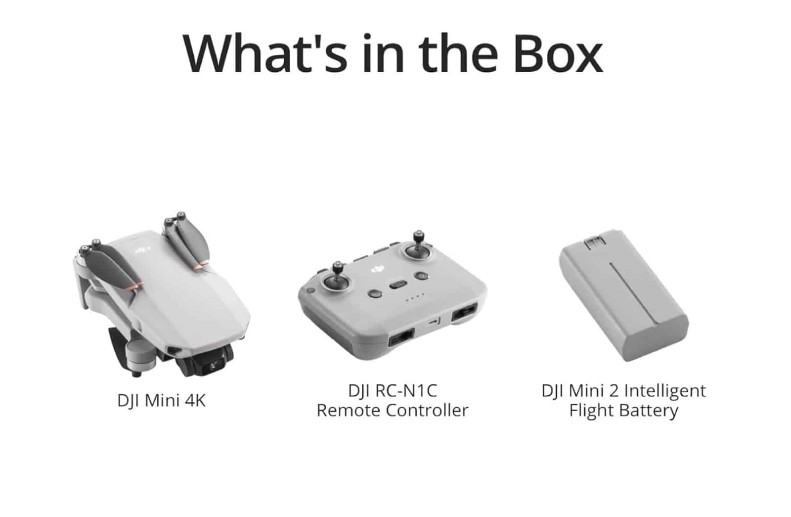 DJI listing showing the Mini 4K, RC-N1C controller and Intelligent Flight Battery.