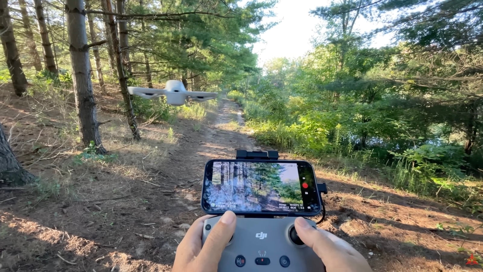Pilot view of a controller on a forest path with the Neo ahead.