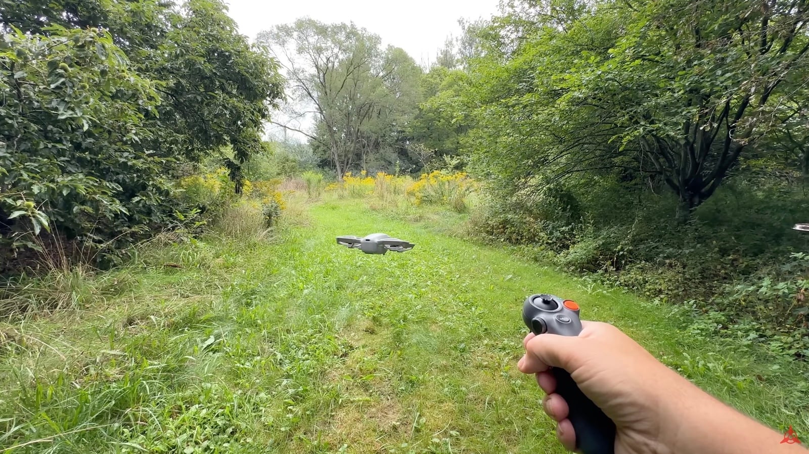 Pilot holds a controller in a meadow as the tiny Neo flies distant.