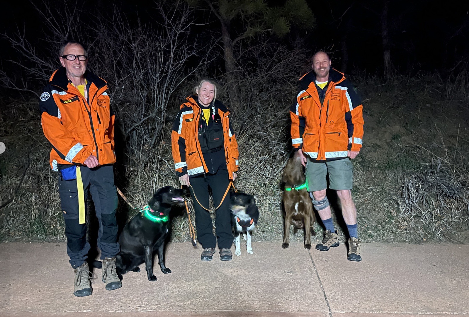 Three volunteers in orange jackets stand with their search dogs at night.