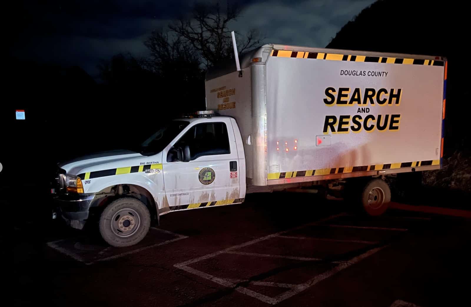Douglas County Search and Rescue box truck parked at the night command post.