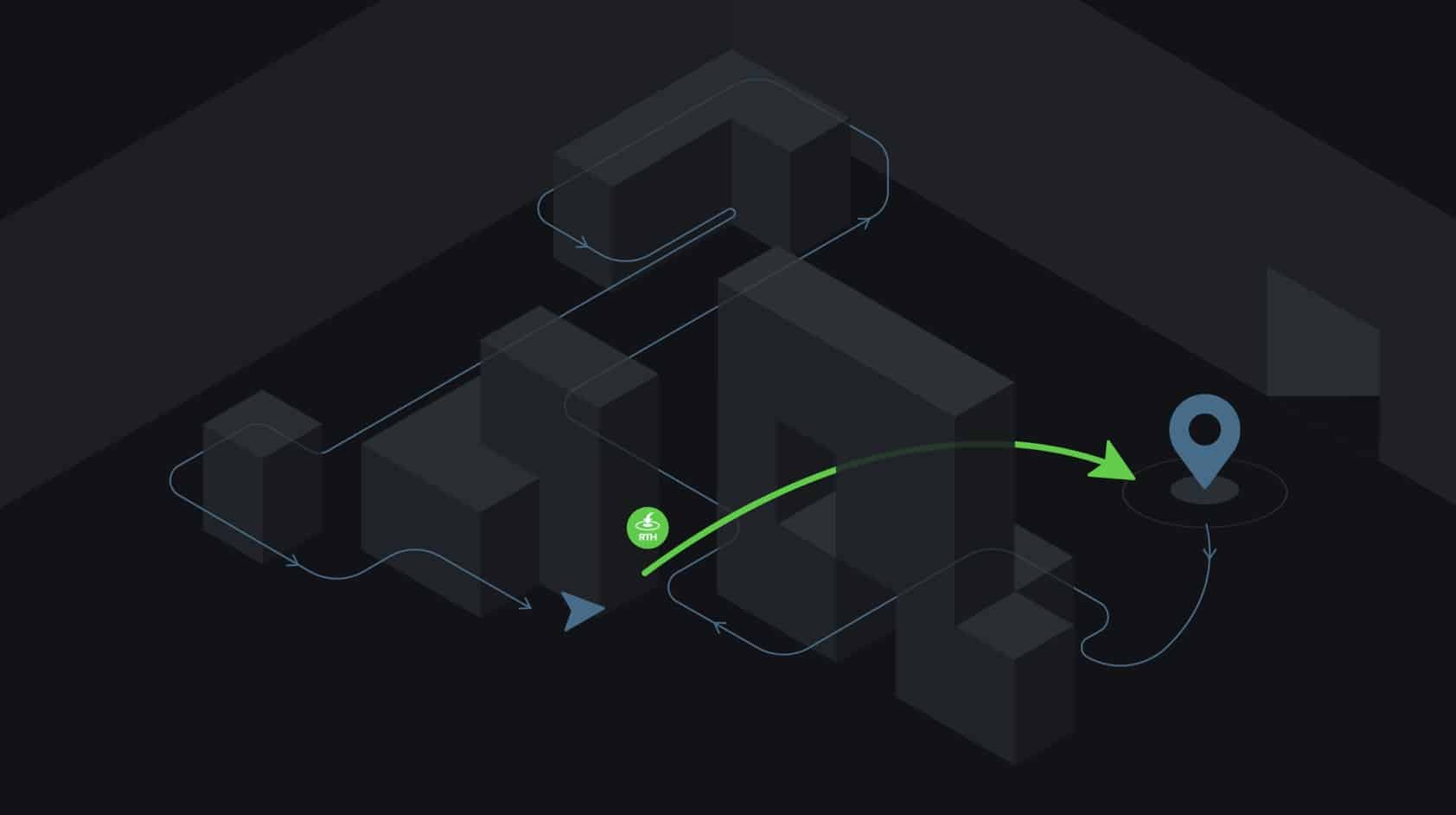 Dark isometric graphic tracing a green return path through a blocky industrial space.