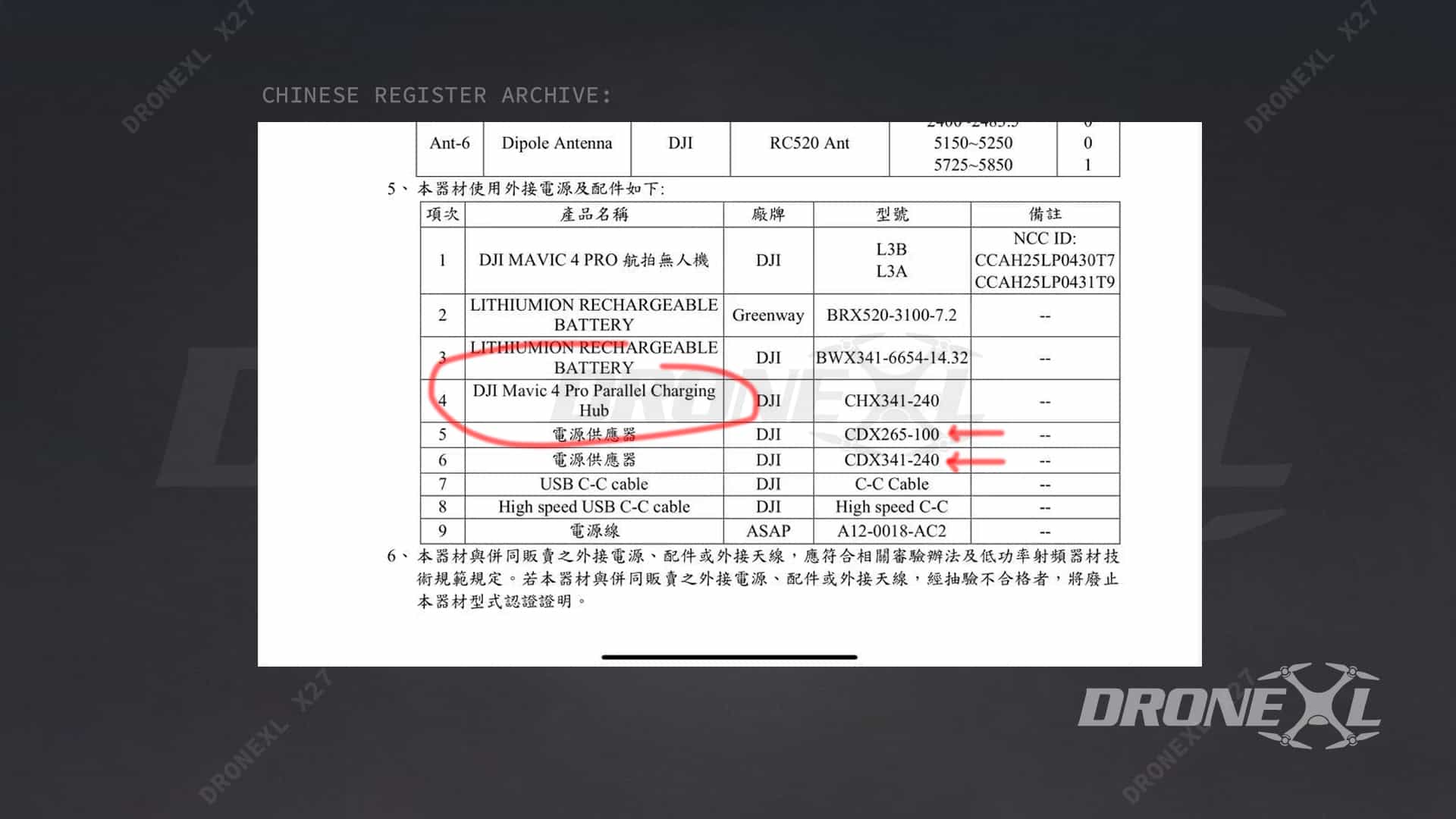 Chinese certification table listing the parallel charging hub and two power supplies.