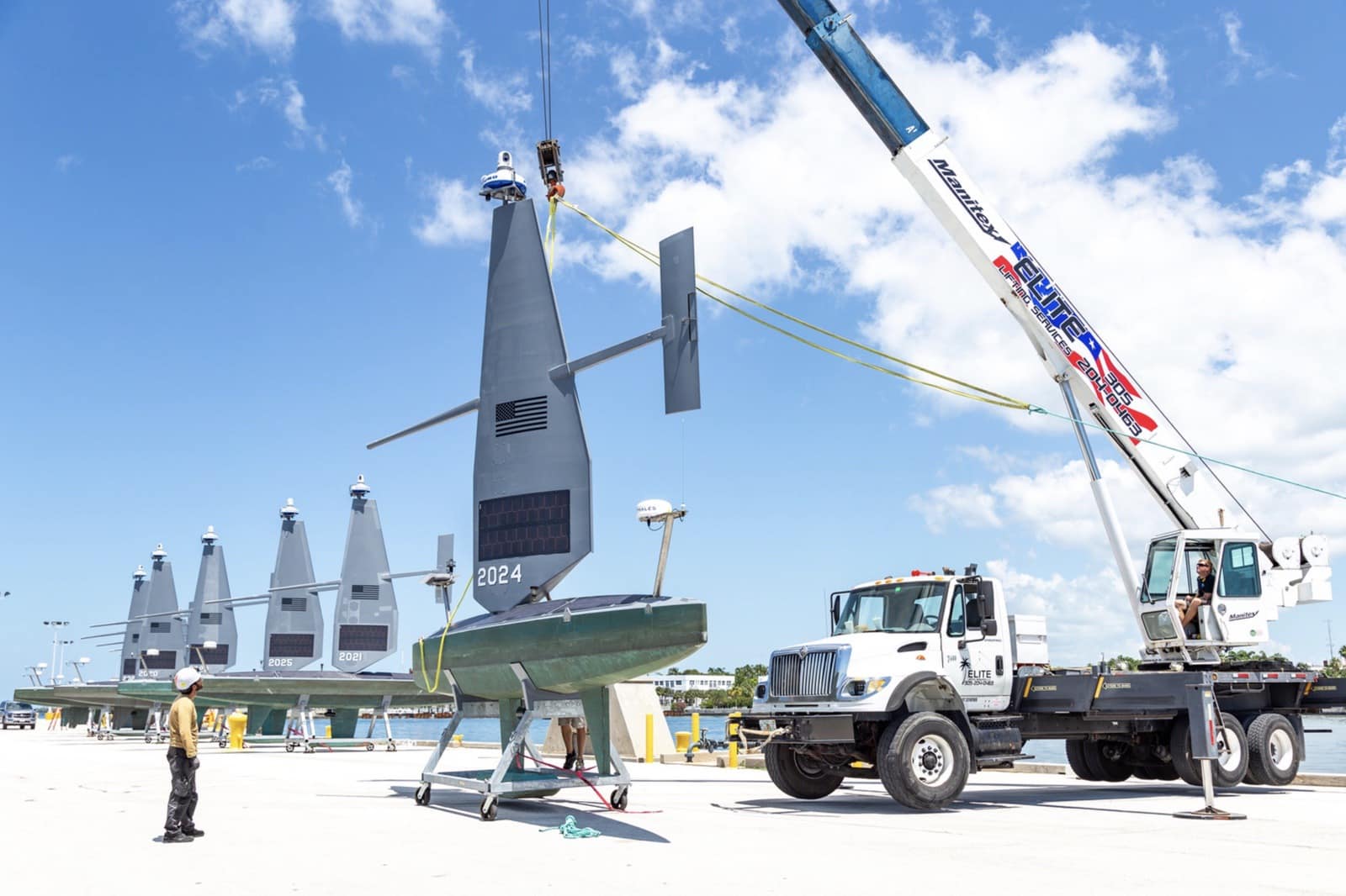 The 33-foot (10-meter) Voyager carrying its maritime surveillance sensors.