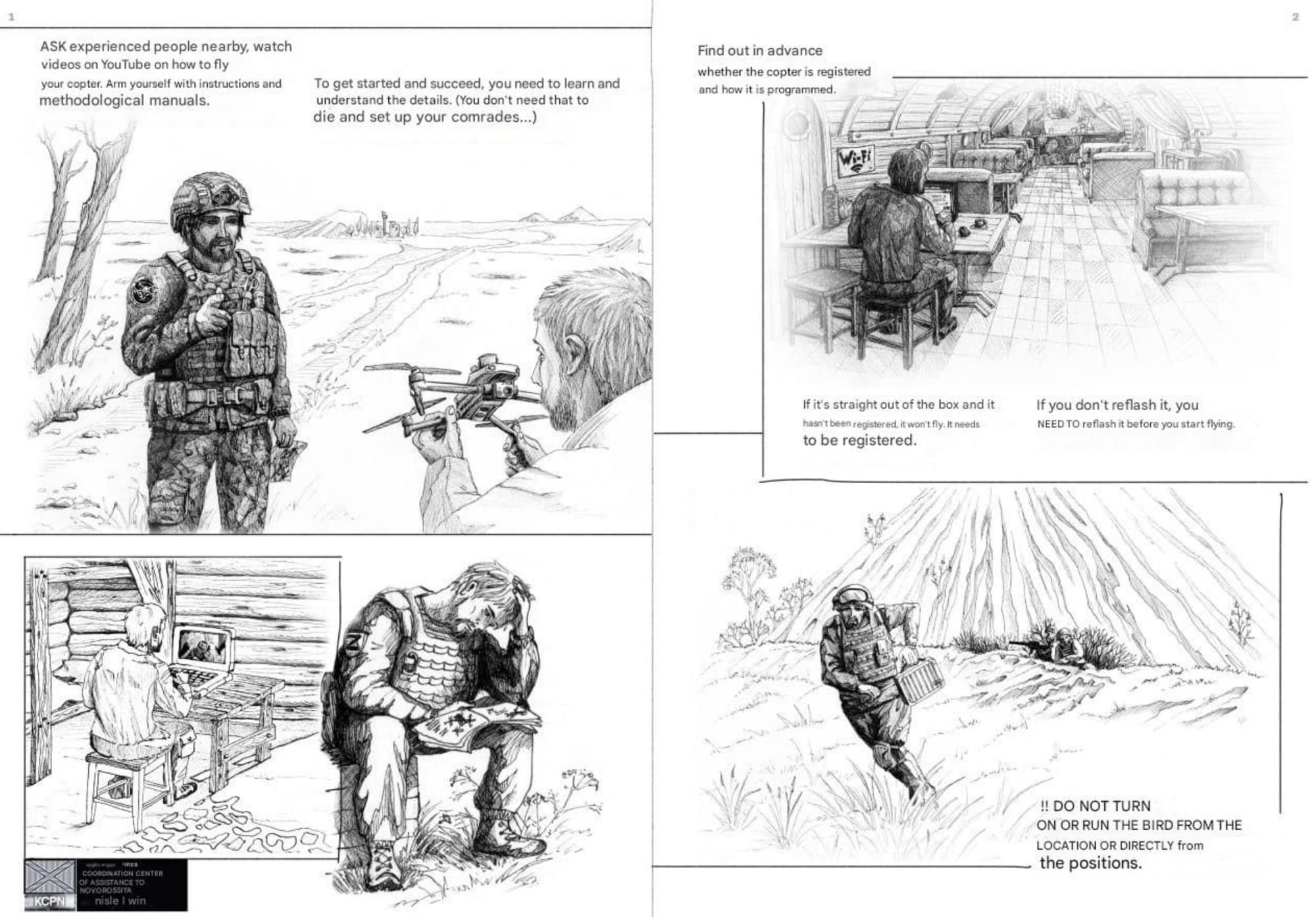 Two pencil-drawn manual pages show soldiers studying drone gear before a mission.