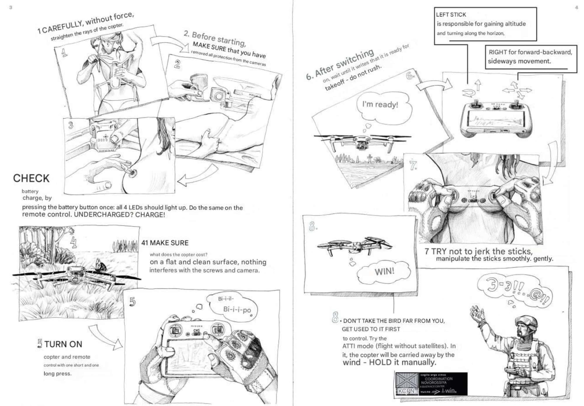 Manual spread with numbered steps, stick-control diagrams and speech bubbles.