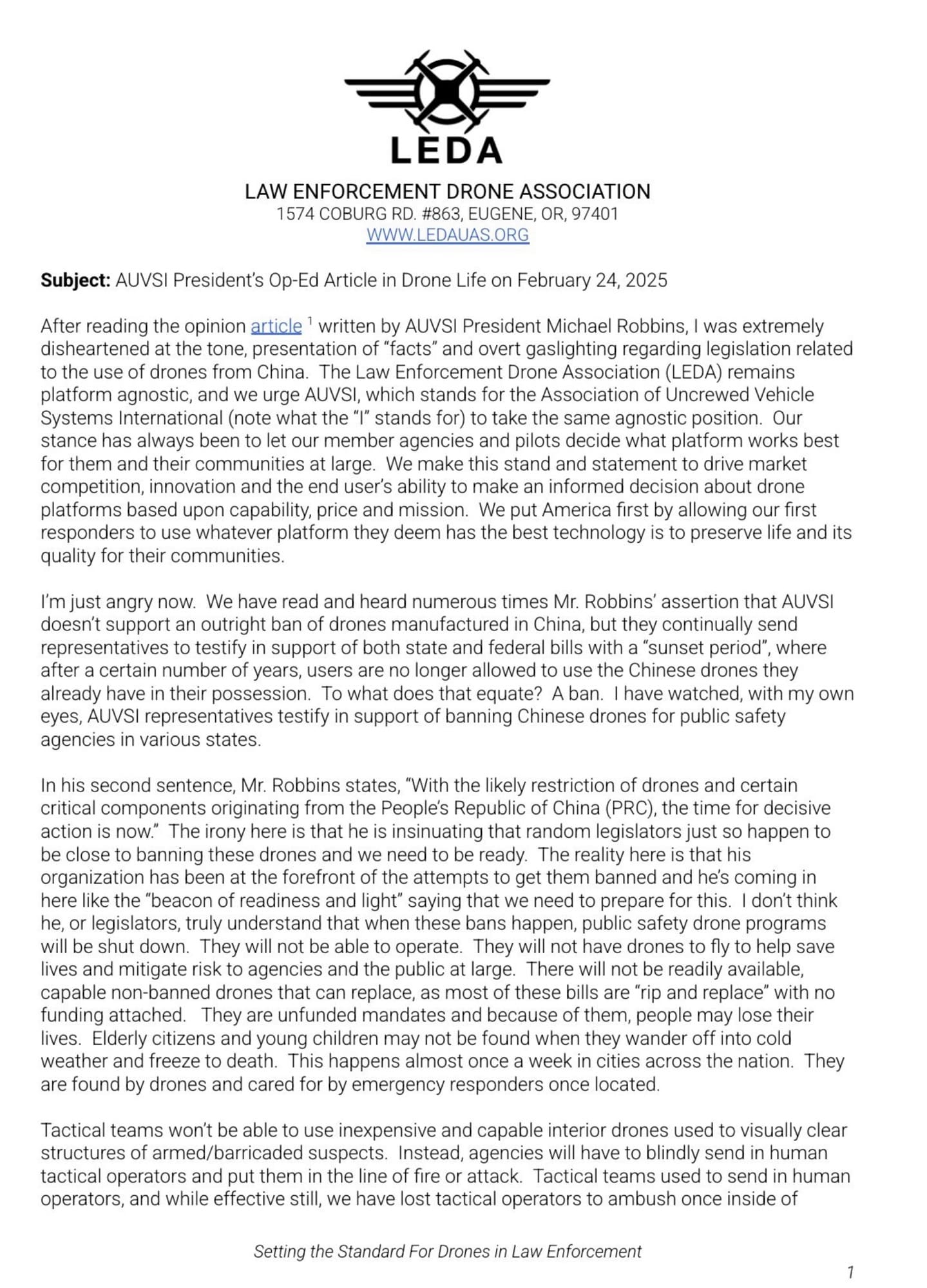 First page of the LEDA letter on association letterhead responding to the op-ed.