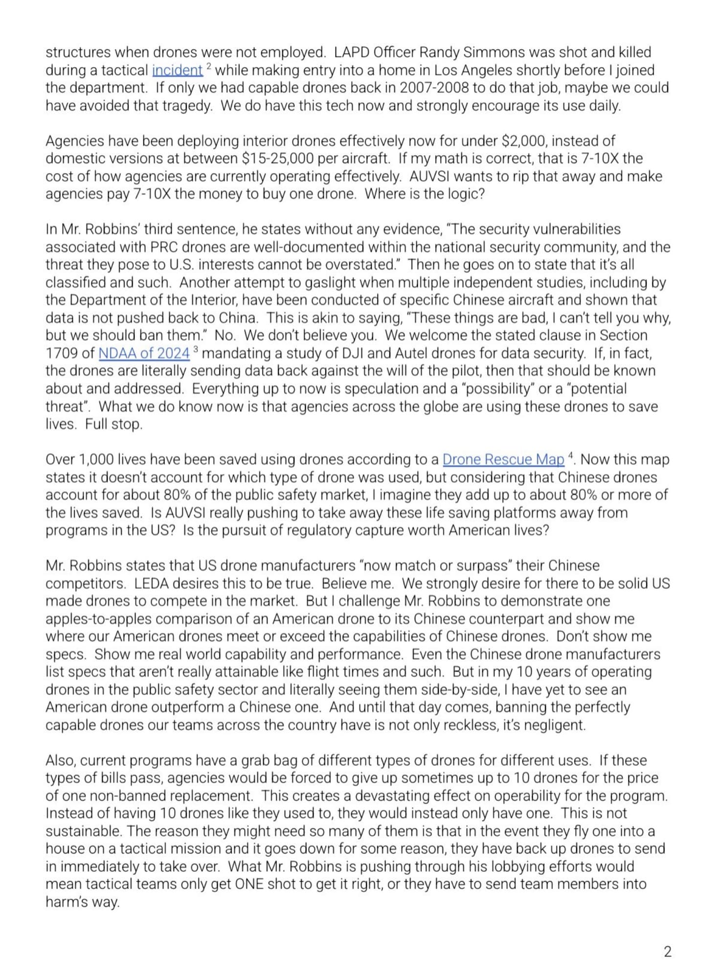 Second page arguing agencies can deploy interior drones for under 2,000 dollars.