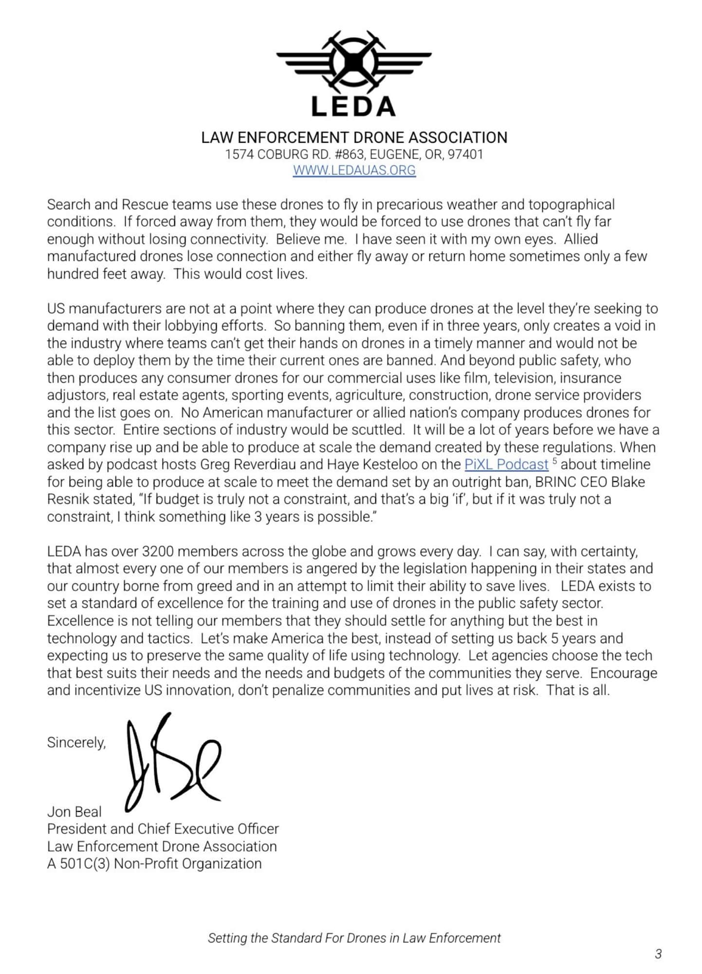 Closing page of the letter signed by LEDA president and chief executive Jon Beal.