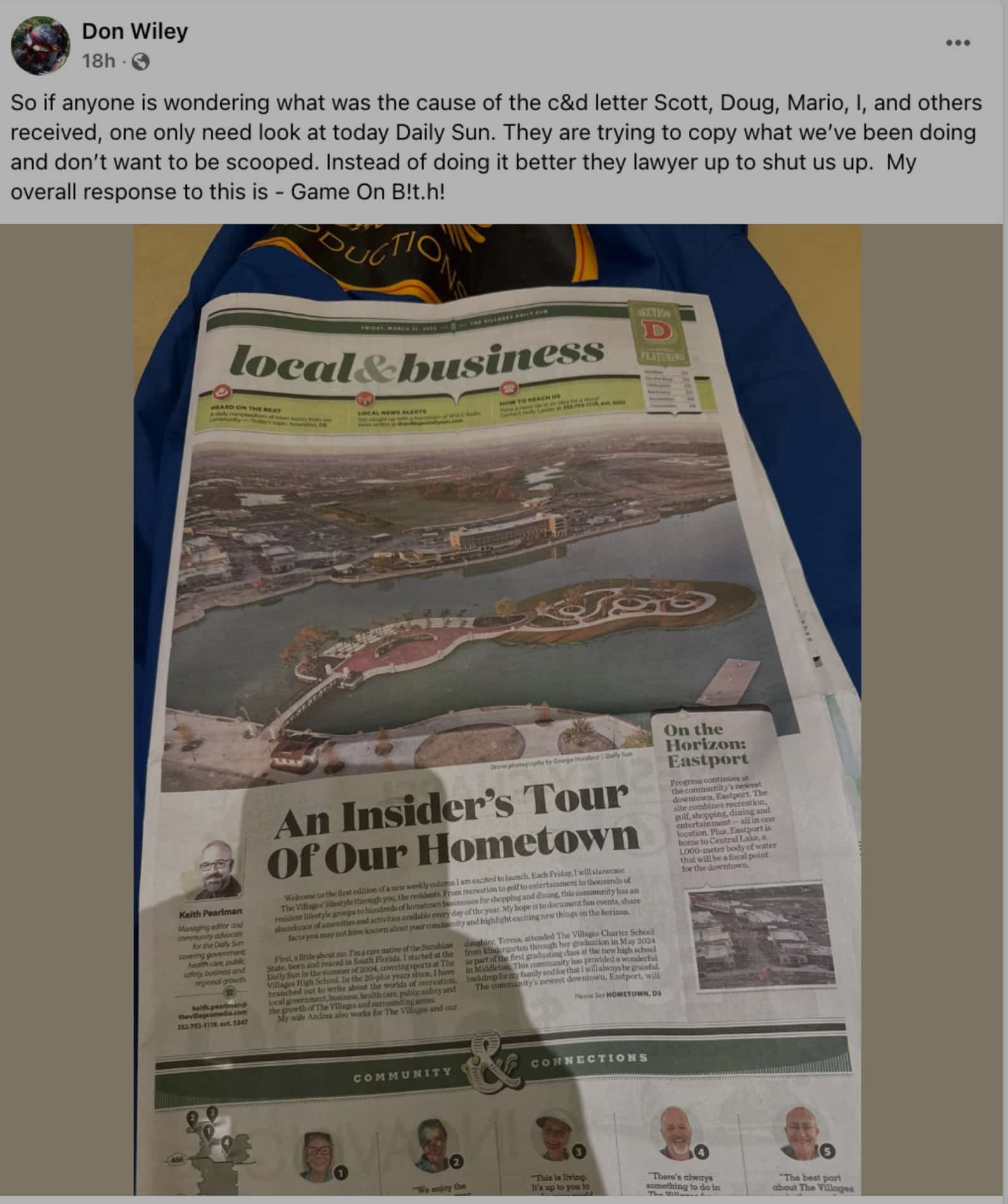 Facebook post by Don Wiley shown above a photo of a local newspaper spread.