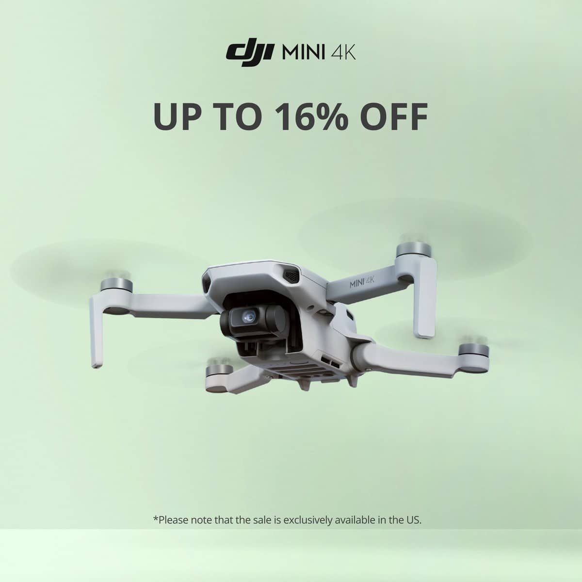 Promo graphic offering up to 16 percent off the DJI Mini 4K in the United States.