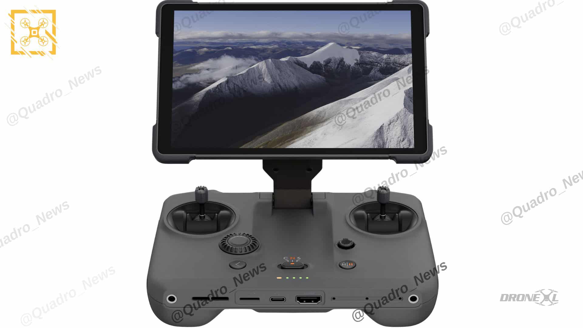 The DJI RC PRO 2 controller with folded up screen, high detailed image showing the new scroll wheel and (clean) HDMI port.