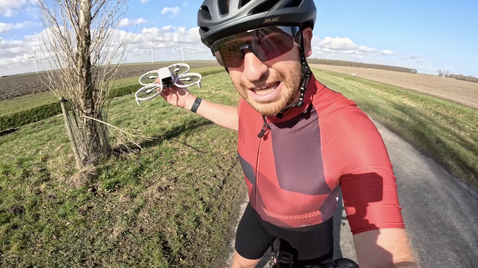 The DJI Flip holding a side view in Direction Track mode during the speed segment.