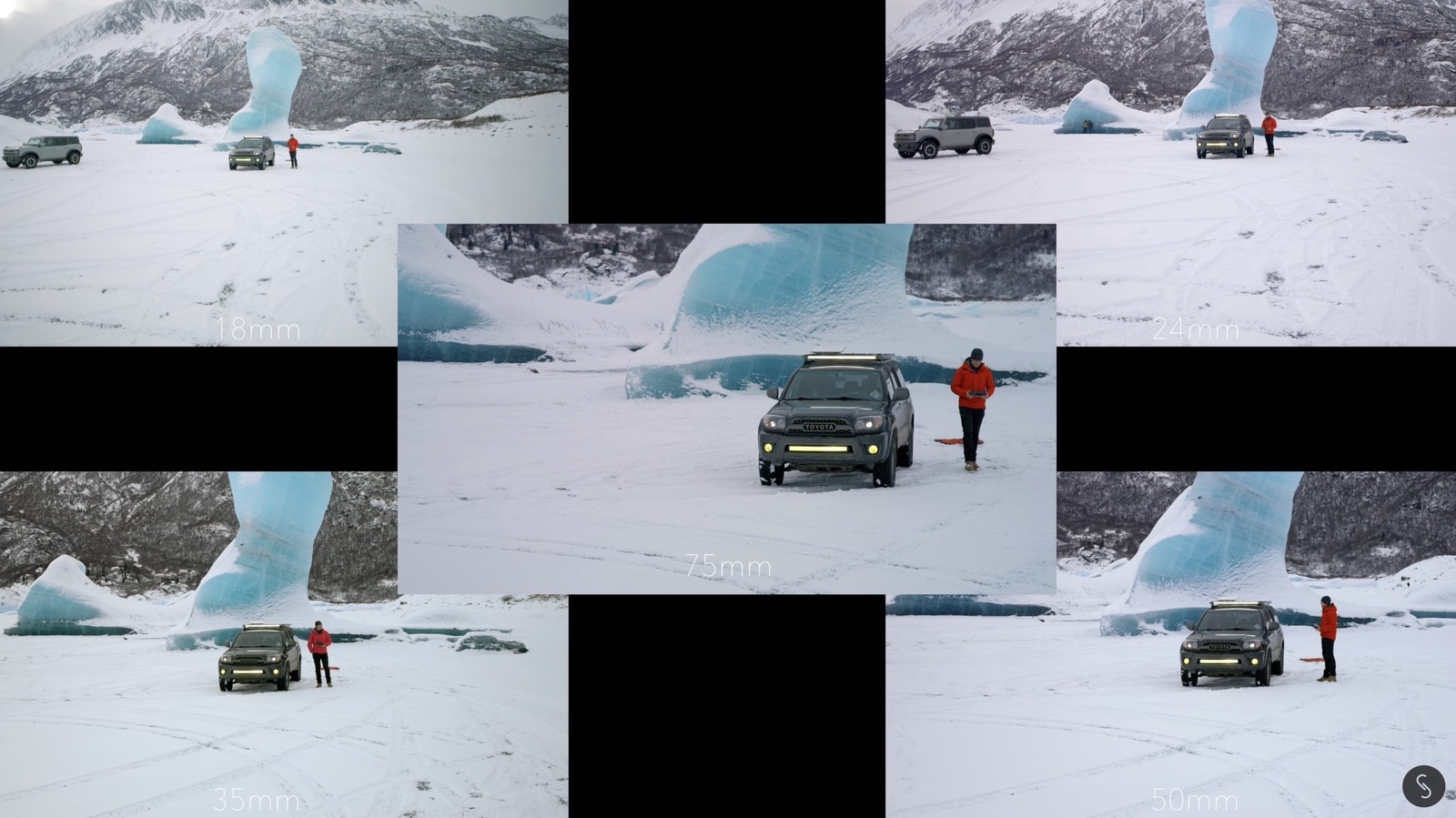 Cross-shaped montage comparing six focal lengths of a vehicle parked on a glacier.