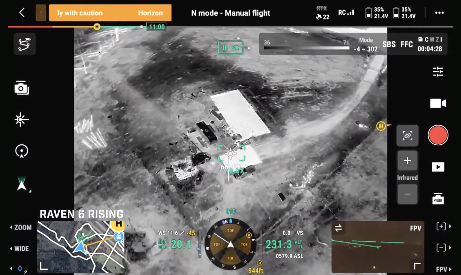 Thermal drone feed over a damaged property with flight telemetry along the edges.