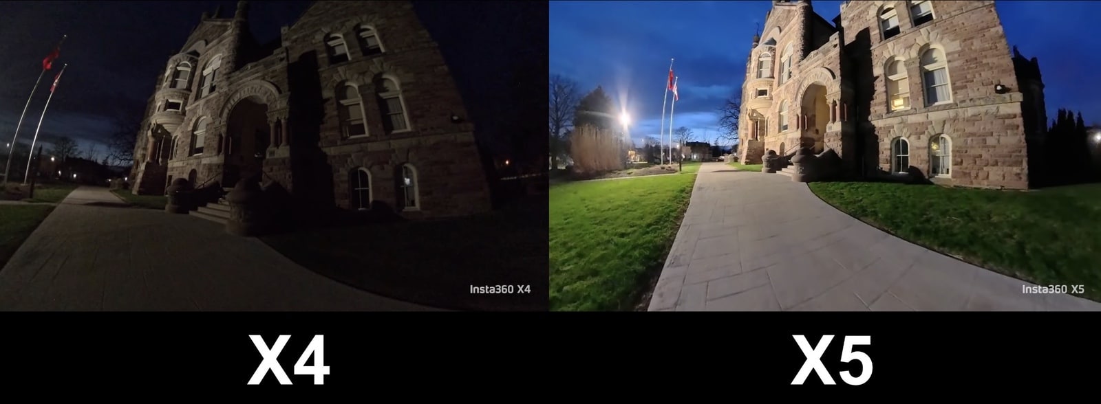 Side-by-side low-light comparison of X4 and X5 night footage of a stone building.