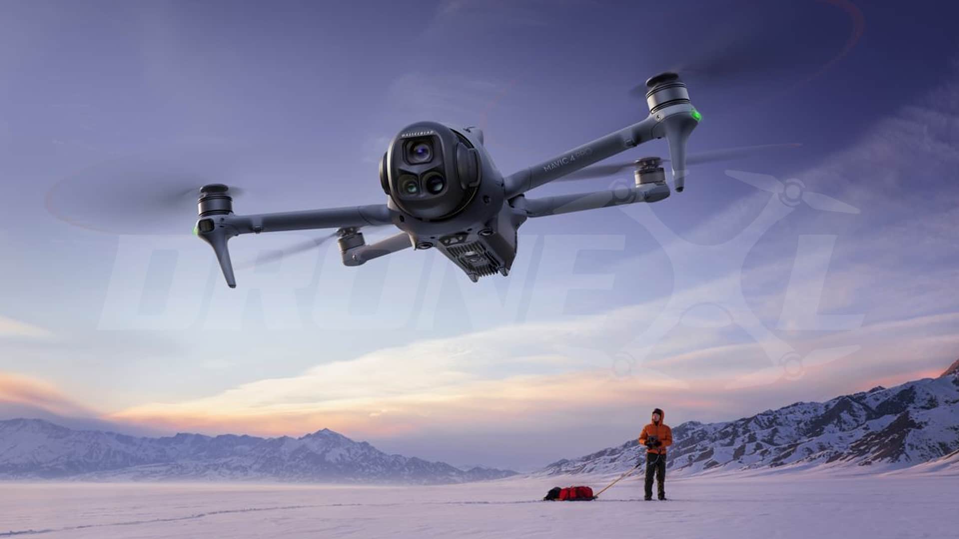 The drone banks over a snow-covered plain with a person and red car below.