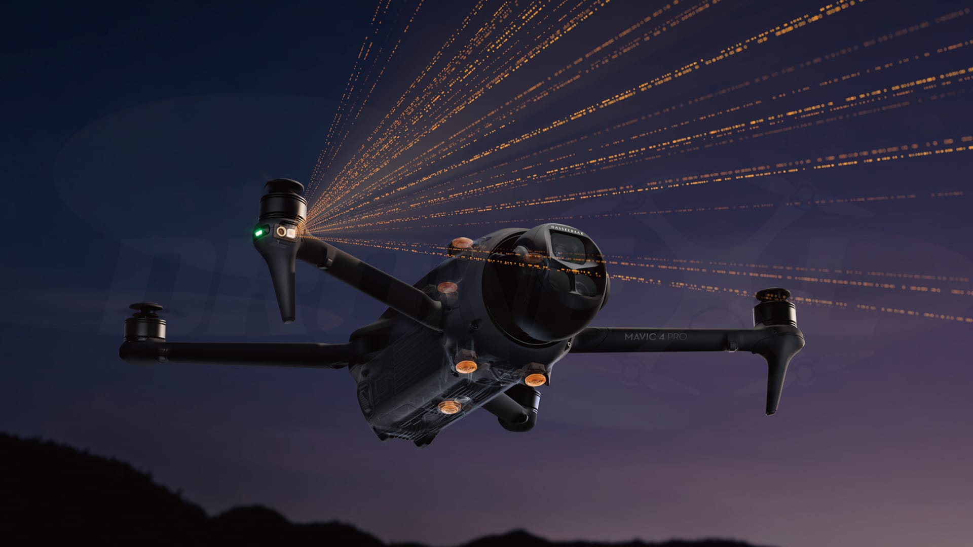 The Mavic 4 Pro teaser render trailing orange light streaks at dusk.